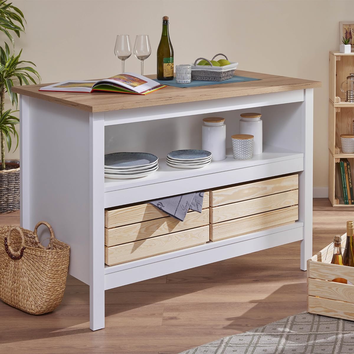 AltoBuy Kenny - Ilot de Cuisine Blanc et Plateau Effet Bois