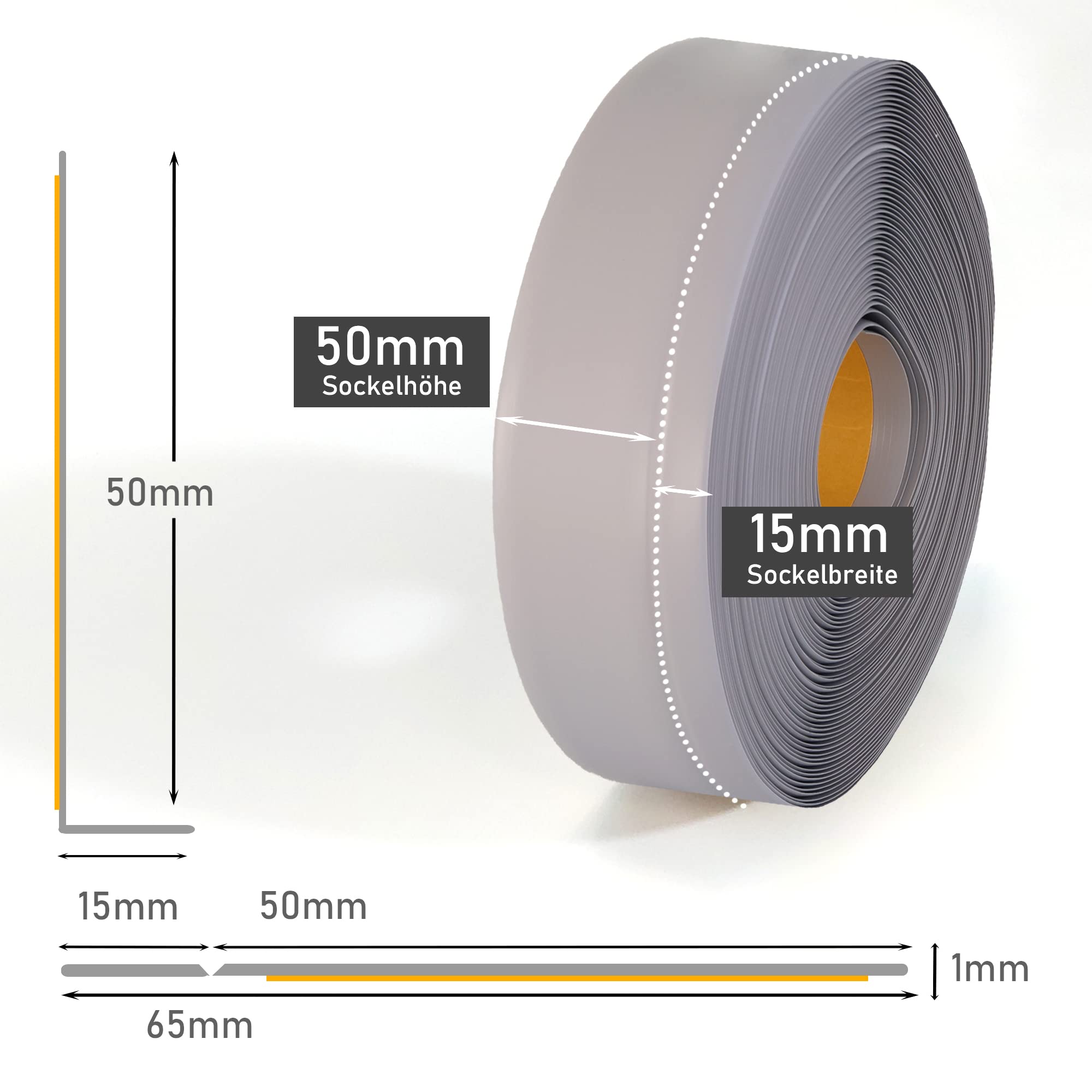 Sockelleiste LEMODO - 50 x 15 mm (Länge: 25 m, Farbe: hellgrau) - Fußleisten zuschneidbar – Weichsockelleiste selbstklebend aus PVC – Abschlussleiste Küchenarbeitsplatte, Bad, Arbeitsplatte etc.