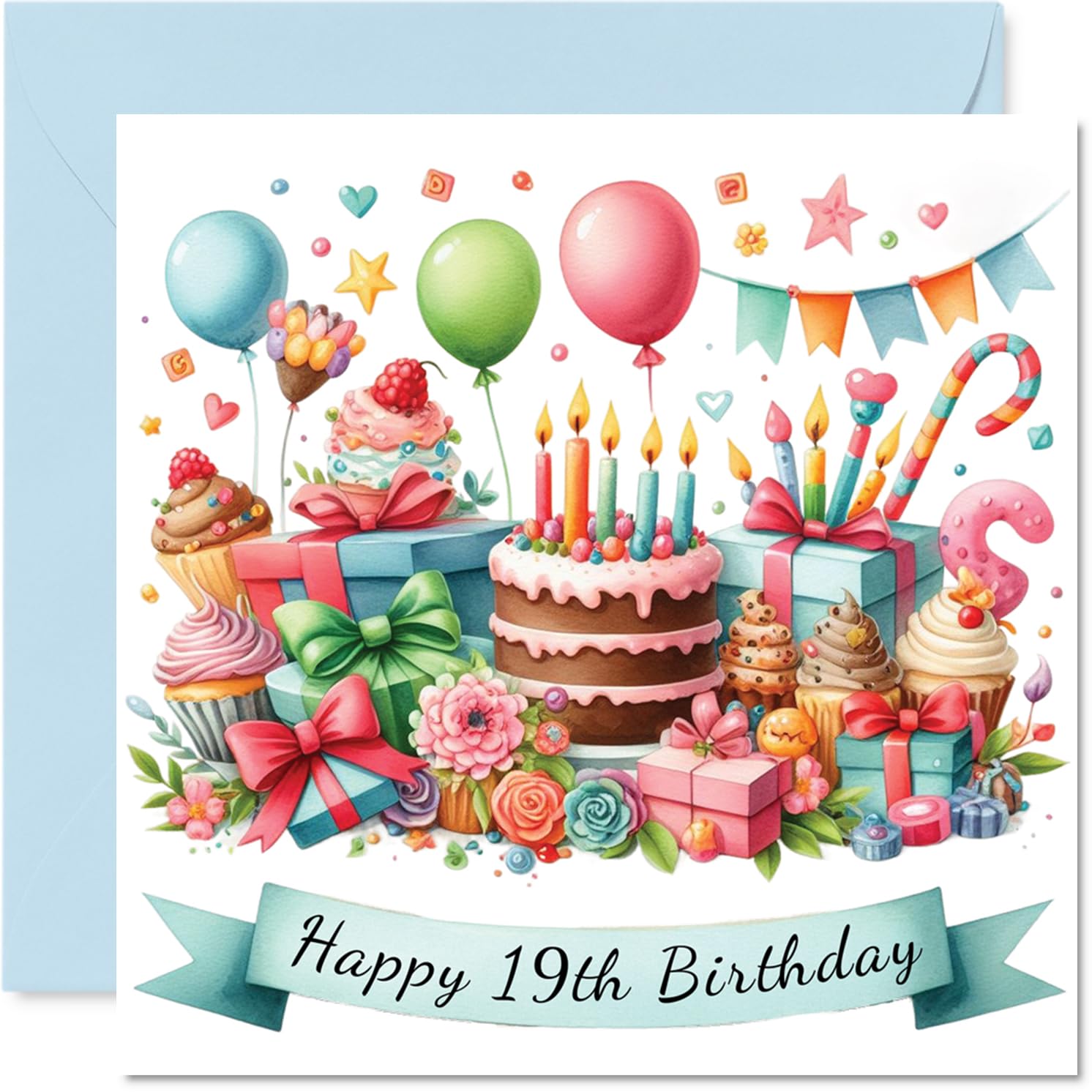 19th Birthday Cards for Women and Men, Cake and Presents
