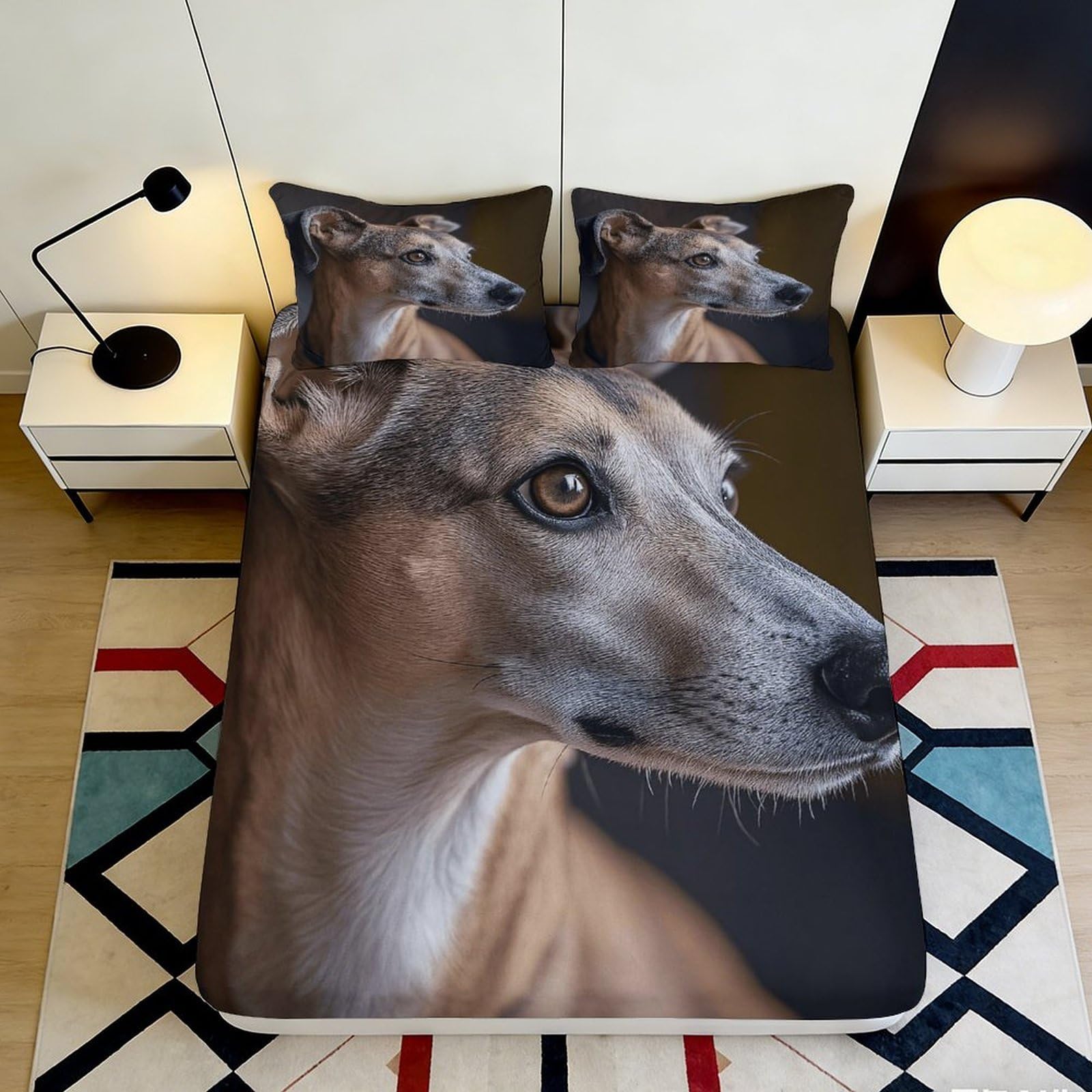 3D Printed Greyhound Dog Fitted Sheet Microfiber Soft Breathable Realistic Dog Portrait Bed Cover for Bedroom Dormitory Guest Room Mattress Protection 160x200x25cm