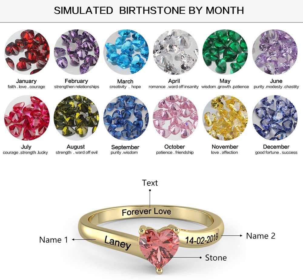 Engagement Ring Promise Ring for Her 1 Heart Birthstones 2 Names & 1 Engraving Customized & Personalized (gold, 9)