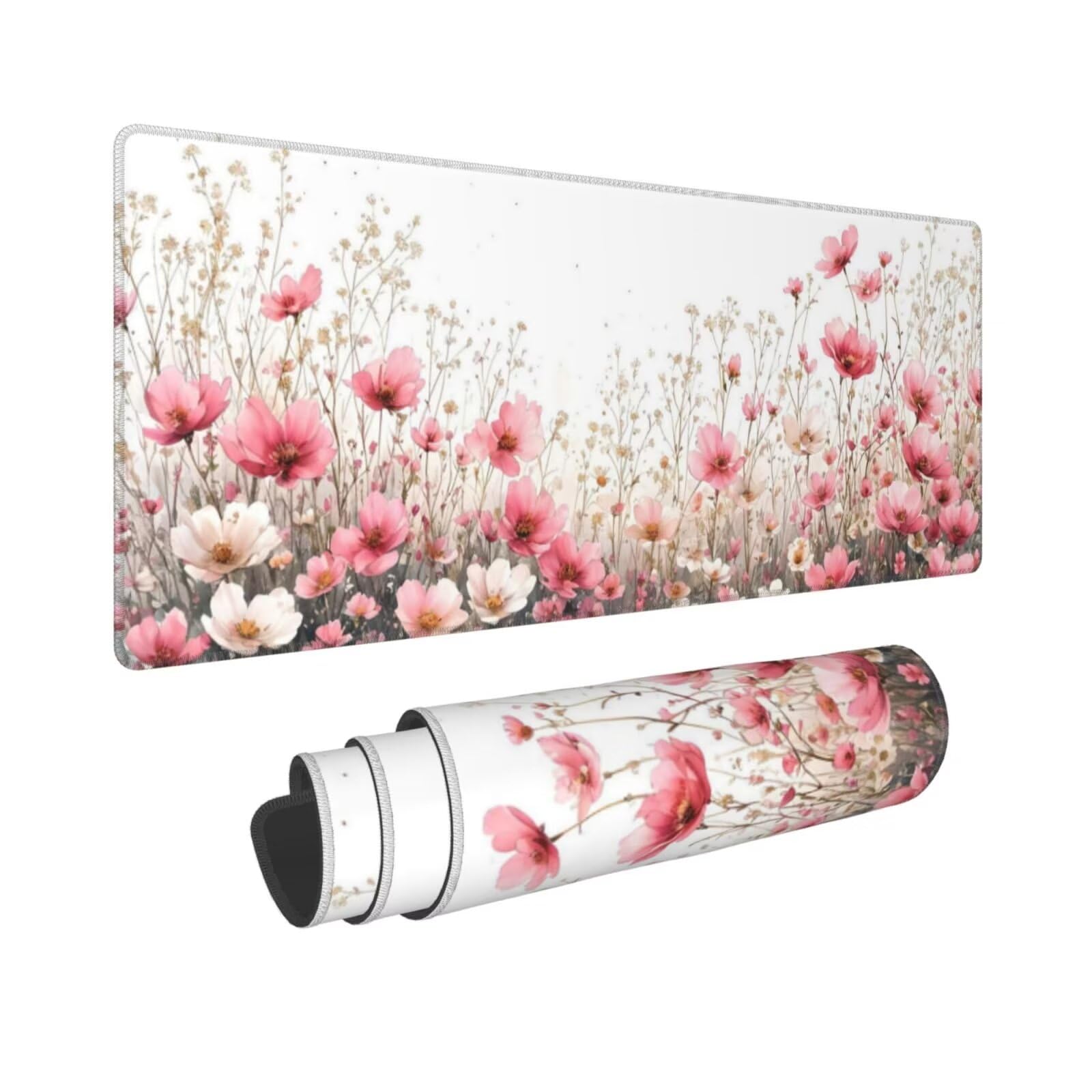 Tappetino Mouse, Tappetino Mouse Gaming Grande XXL 1500x800x3mm Tappetino Scrivania Mouse Pad, Base in Gomma Antiscivolo, Bordi Cuciti,Lavabile, Mousepad per Ufficio e Gaming (Fiori rosa) R-330