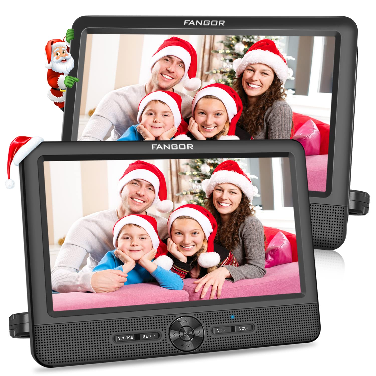 FANGOR 10’’ Dual Car DVD Player Portable Headrest CD Players with 2 Mounting Brackets, 5 Hours Rechargeable Battery, Last Memory, Free Regions, USB/SD Card Reader, AV Out&in (1 Player + 1 Screen)