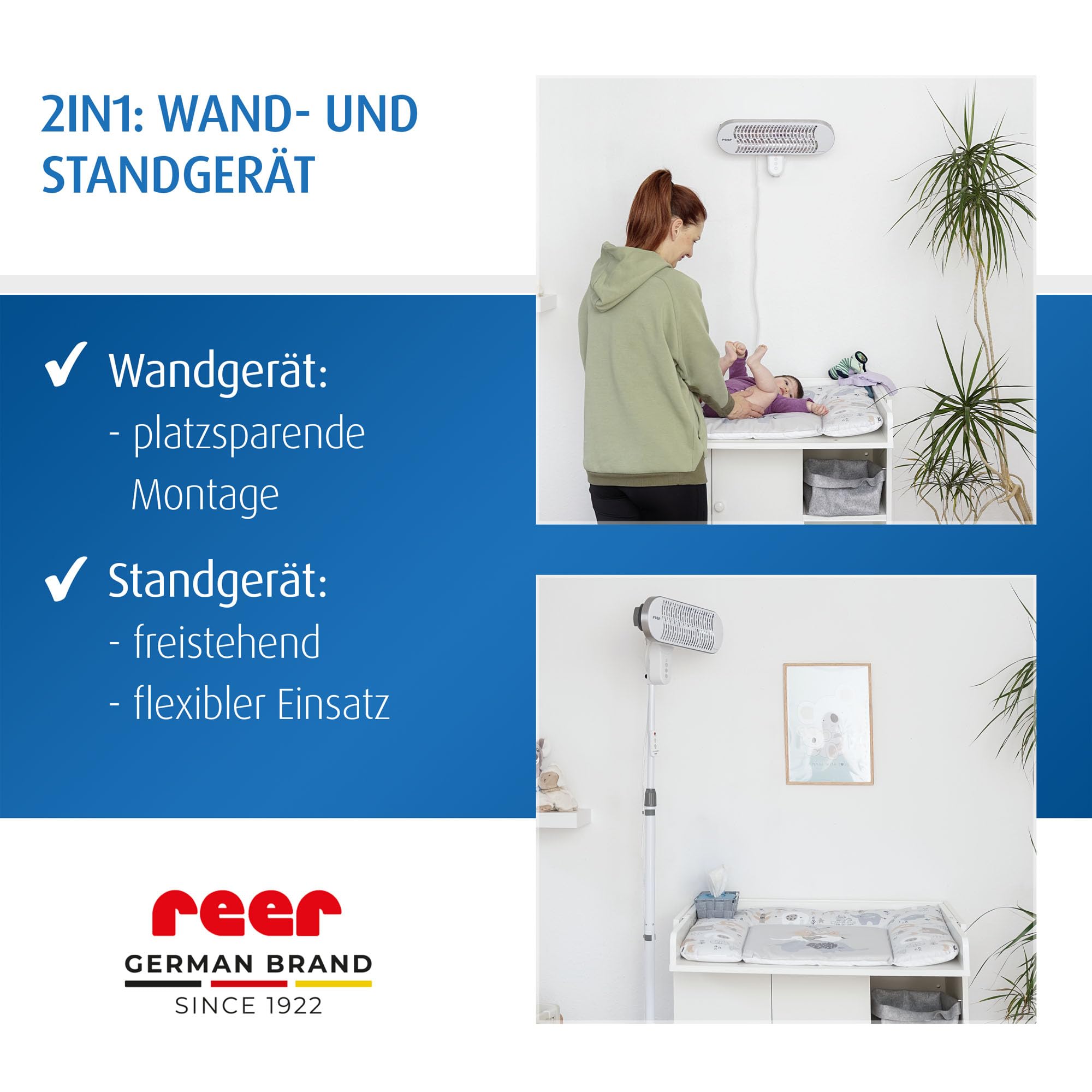 reer HeatCare+ Flex Wickeltisch-Wärmestrahler | EcoHeat Carbon Heizelement | Infrarot-Heizstrahler mit Standfuß & neigbarem Kopf | Wärmespender für Babys | Energiesparend | 2in1 Wand- oder Standgerät