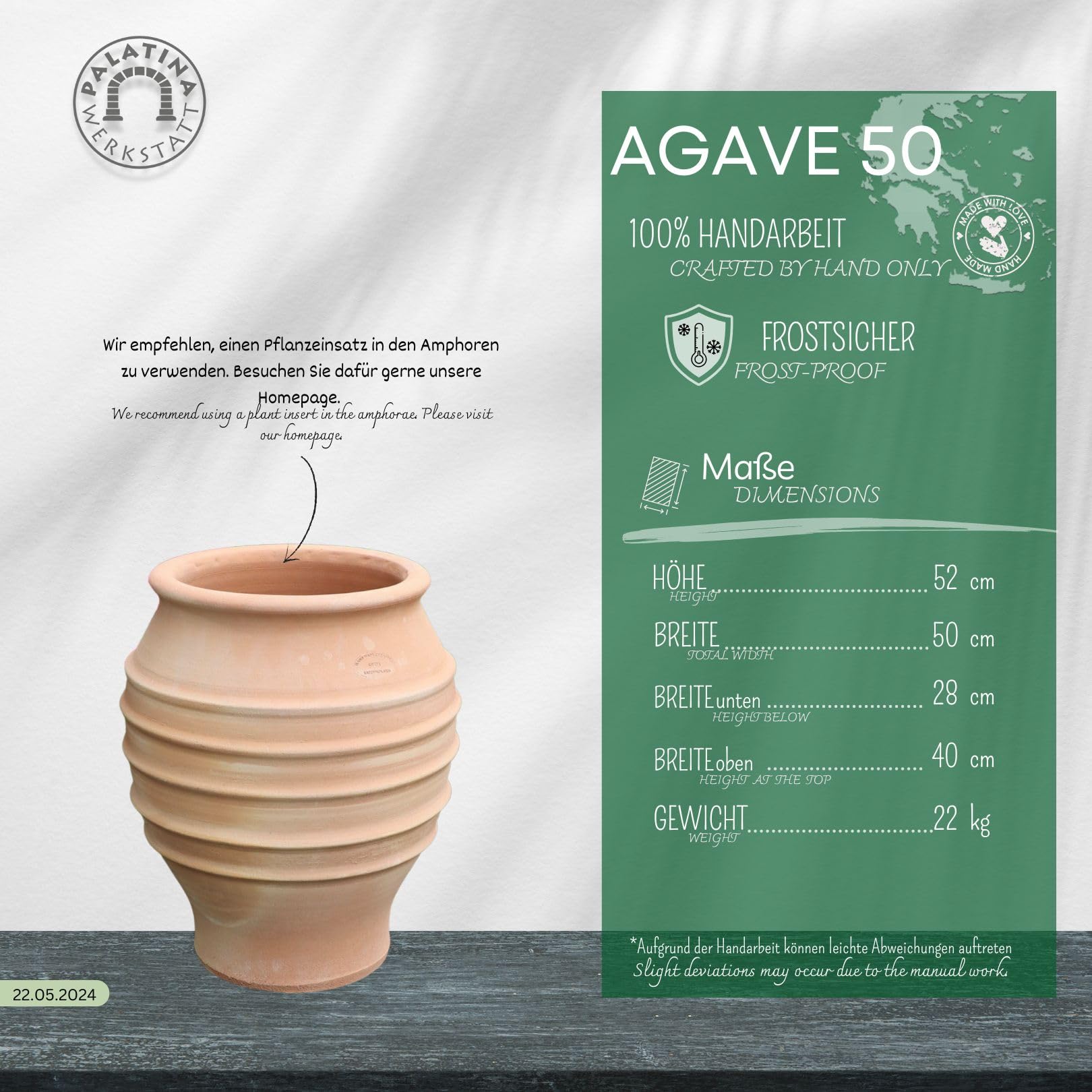 Palatina Werkstatt Esclusiva anfora in terracotta, 50 cm, 100% fatto a mano, anfora resistente all'inverno, per giardino e casa