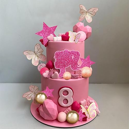 Miniatura 6 de Decoración para tartas de niña rosa intenso con bolas de mariposa de oro rosa, decoración de pastel de estrella para boda, aniversario, cumpleaños