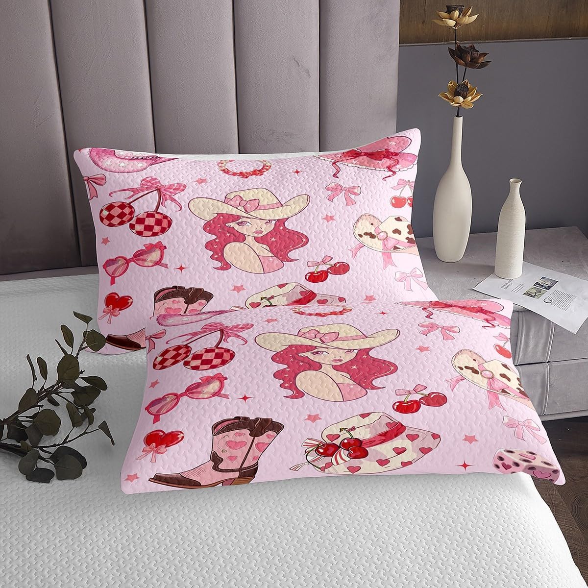 Homewish Southwestern Cowgirl Pink Bedspread Queen Size,Cherry Bowknot Princess Theme Bedding Set for Kids Boys Girls Room Decor,Star Love Printed Quilt 3Pcs,Cowboy Boot Coverlet Set,2 Pillowcases