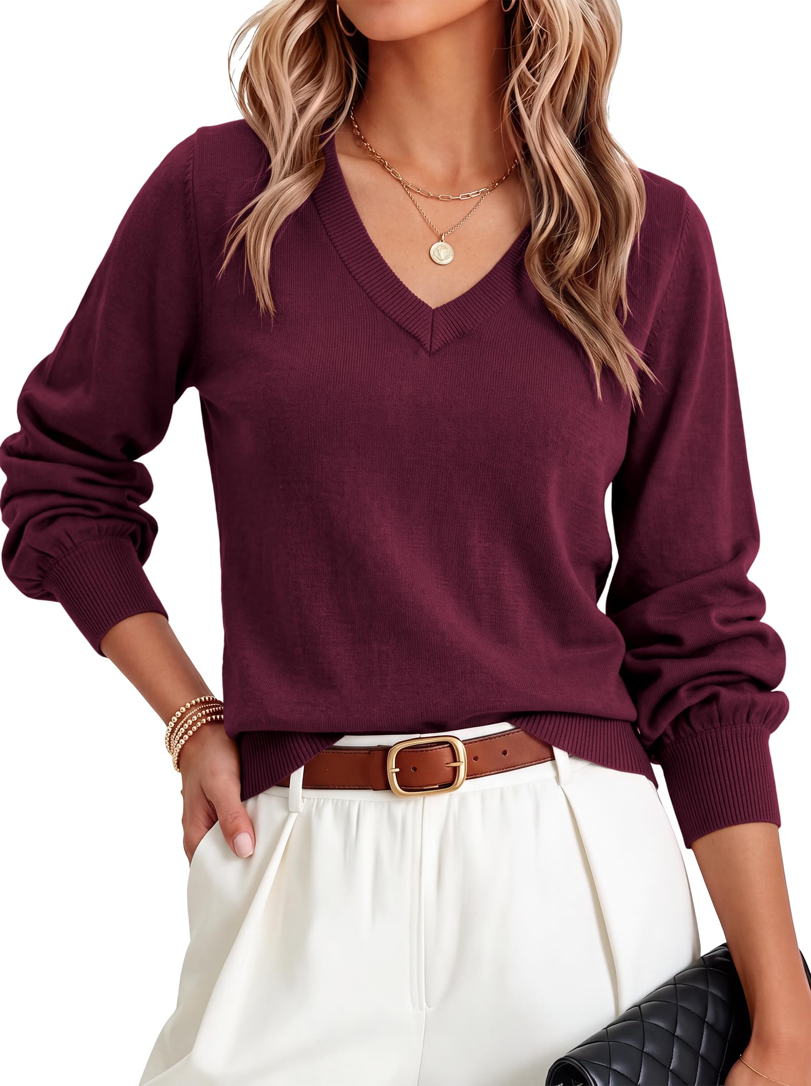 Caracilia V Neck Sweaters for Women Fall Lightweight Pullover Tops | Lantern Long Sleeve Soft Knit Fabric, Daily Work Business Casual Outfits Travel Shirts, Winter Fashion Layering