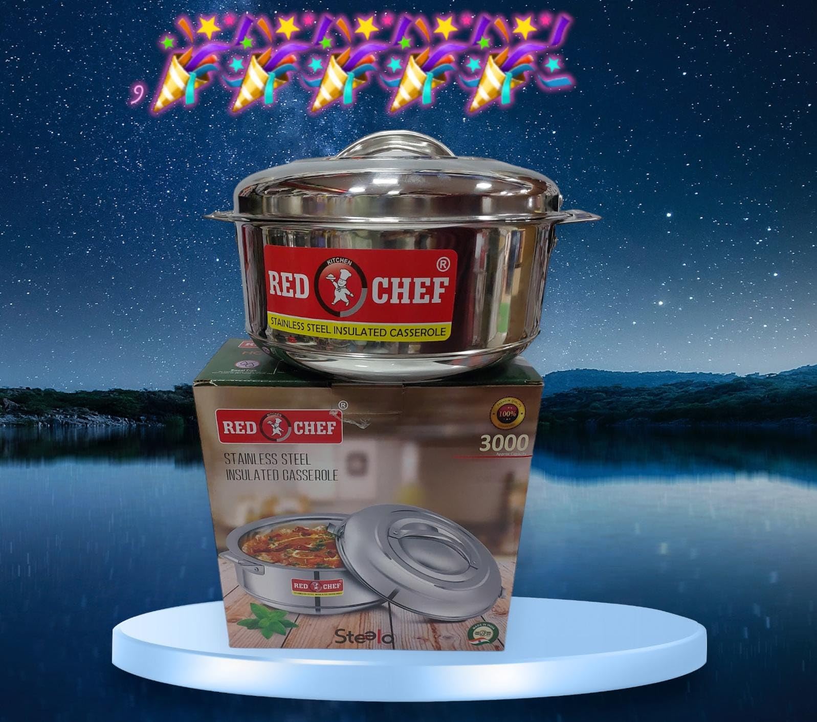 Red Kitchen Chef Stainless Steel Steelo Cassorole | Easy to Carry Hot Boxes for Kitchen | Hot Food, Easy to Store | 3000 ml 3