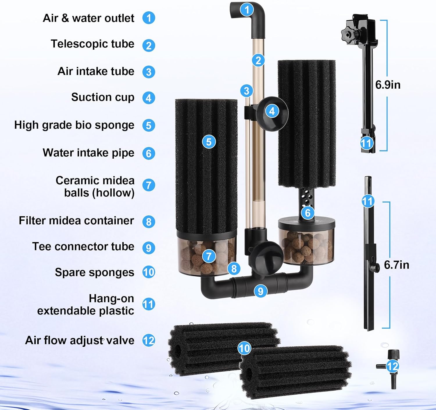 hygger Aquarium Double Sponge Filter: Upgraded Sponge Filter with Larger Filtration Area, Come with Extendable Clip, 2 Spare Biochemical Sponges, Bioceramic Balls, for Freshwater Saltwater Tank - S