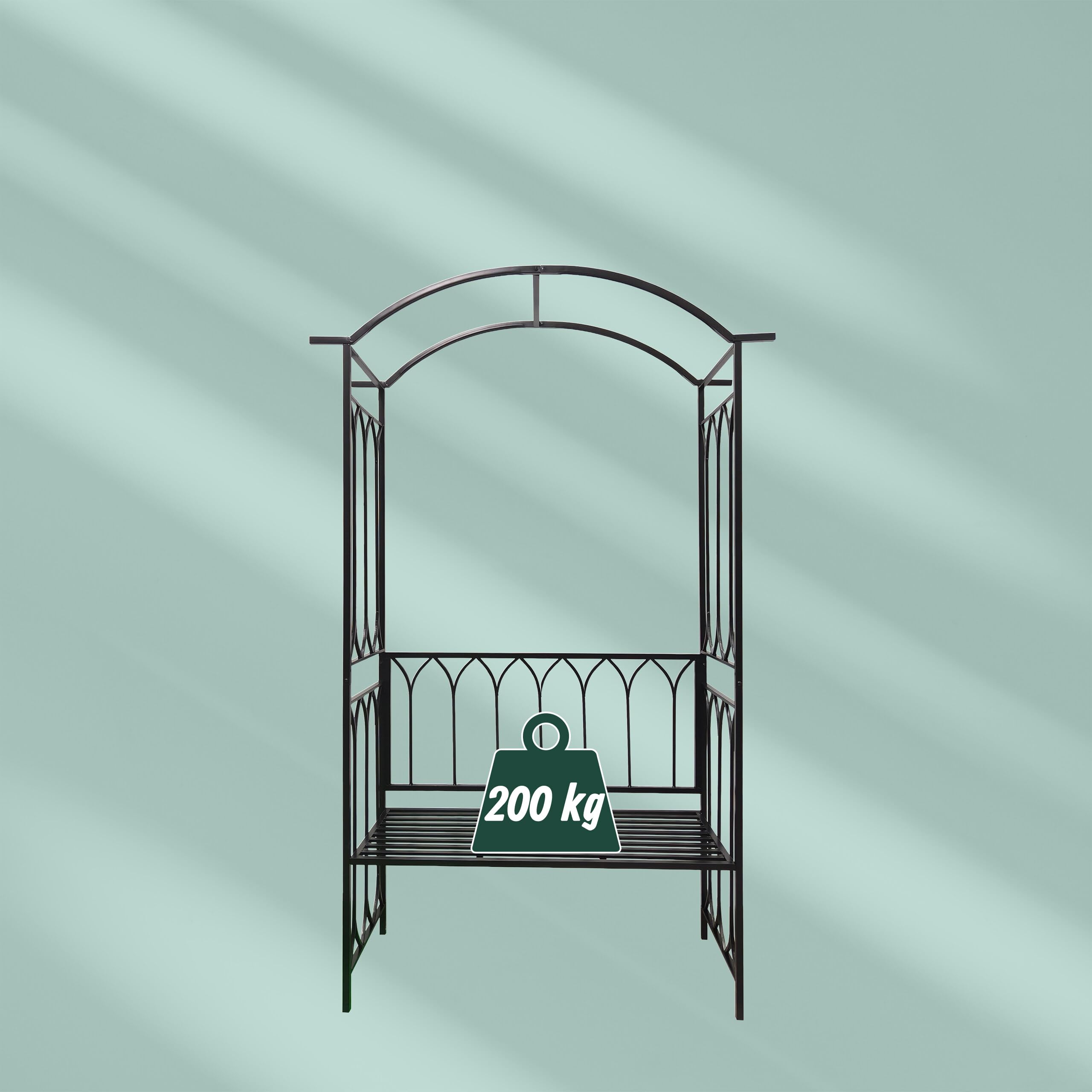 Relaxdays Arco de Rosas con Banco, Arco de jardín, Altura de 210 x 134 x 48 cm, Arco para Plantas trepadoras, Metal, Negro