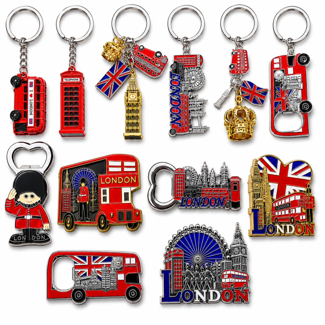 London Souvenir Keyrings & Fridge Magnets, UK Travel Gift Assortment with Big Ben, London Eye, Red Bus, Telephone Box, Union Jack & Royal Guard, Metal Tourist Keepsakes for Keys, Bags & Fridge Décor
