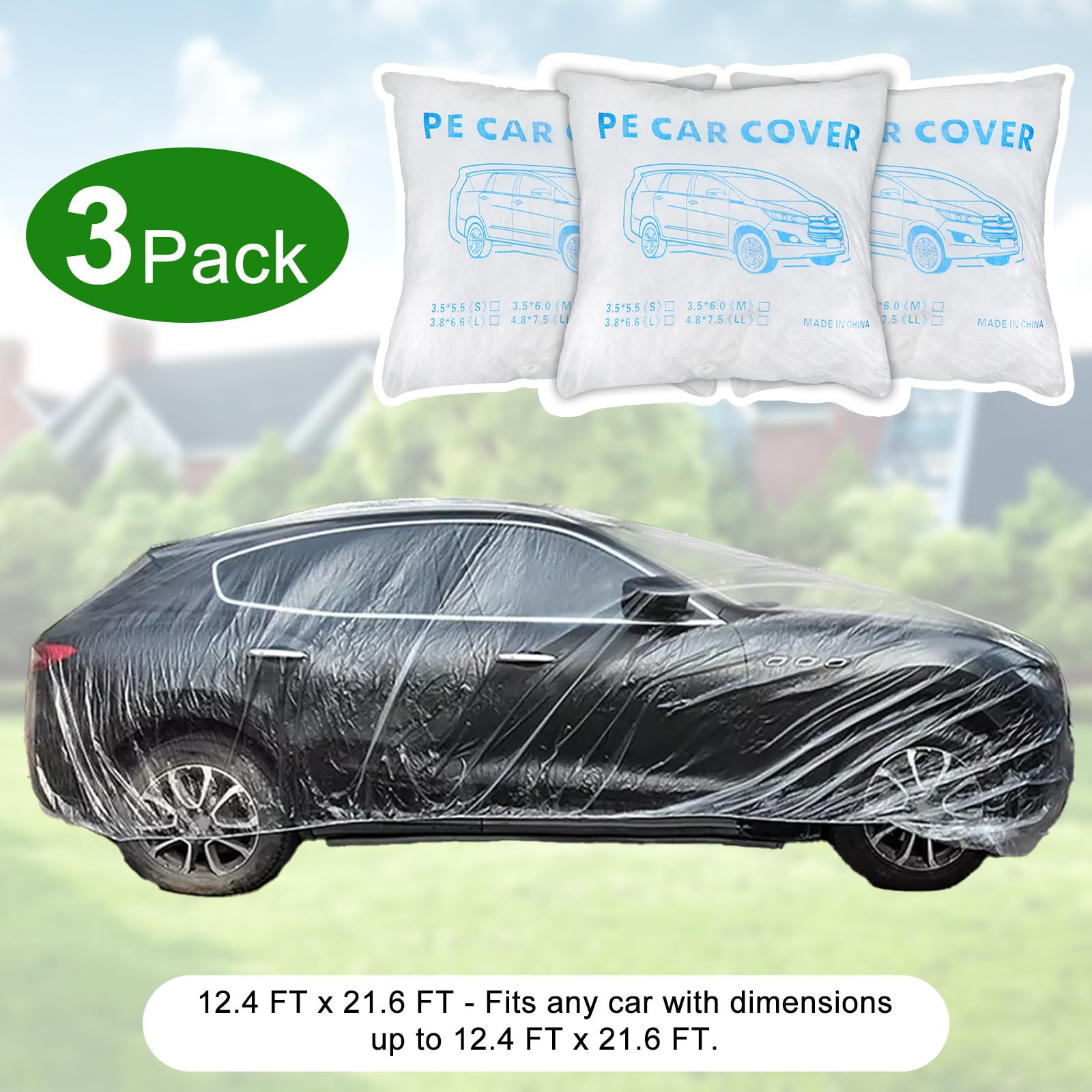 3 Packs Disposable Car Cover Clear Plastic Car Cover Universal Rain Dust Garage Cover with Elastic Band Medium — view 2