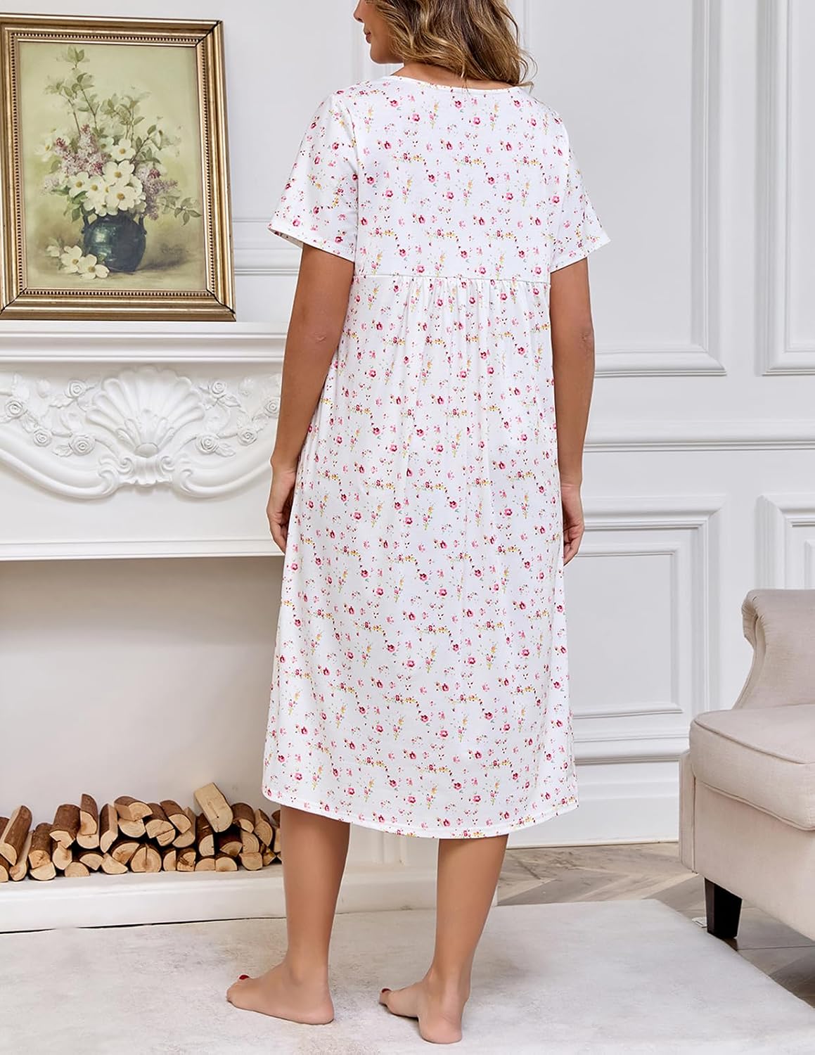 Rubehoow Nightgown Women's Short Sleeve Victorian Nightdress Vintage Soft Cotton Pajama Dress with Pockets