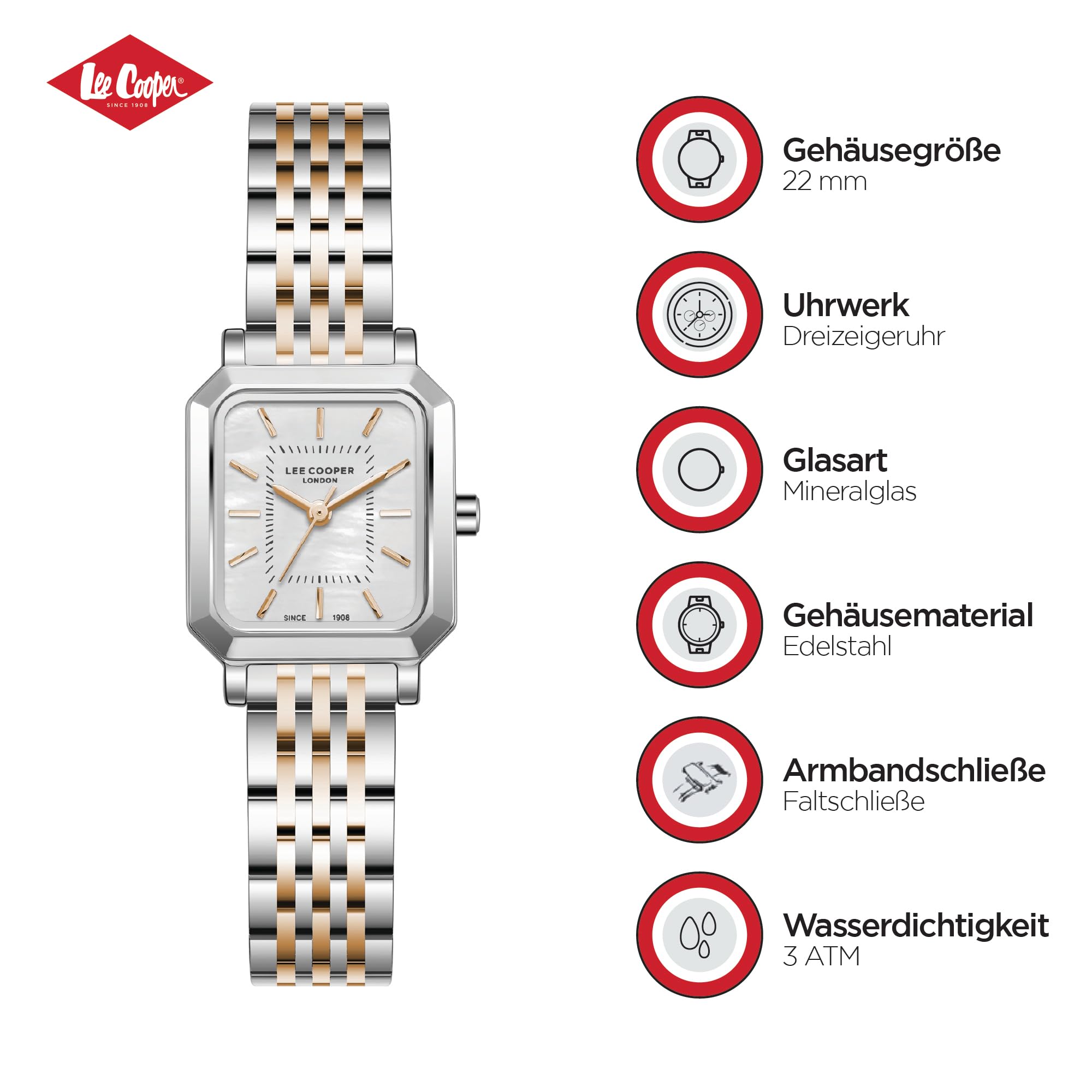 Lee Cooper Damenuhr - Elegante zweifarbige Rotgold Rechteckige Armbanduhr für Damen mit Perlmutt-Zifferblatt | Quarz Analog | LC08203.520