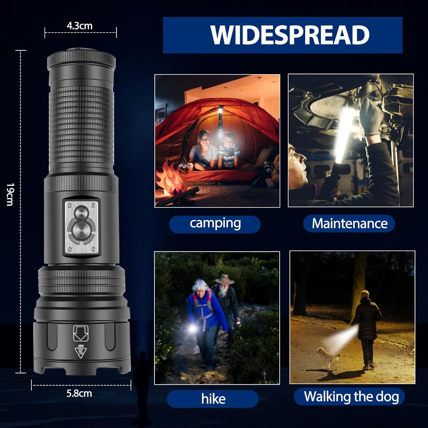 OLDA Rechargeable LED Flashlight, 20,000 Lumens Extremely Bright LED Torch with Camping Light, 10 Modes Zoomable, IP65 Waterproof Battery Operated for Outdoor, Camping, Hiking (18 x 5.5 x 5cm) 4
