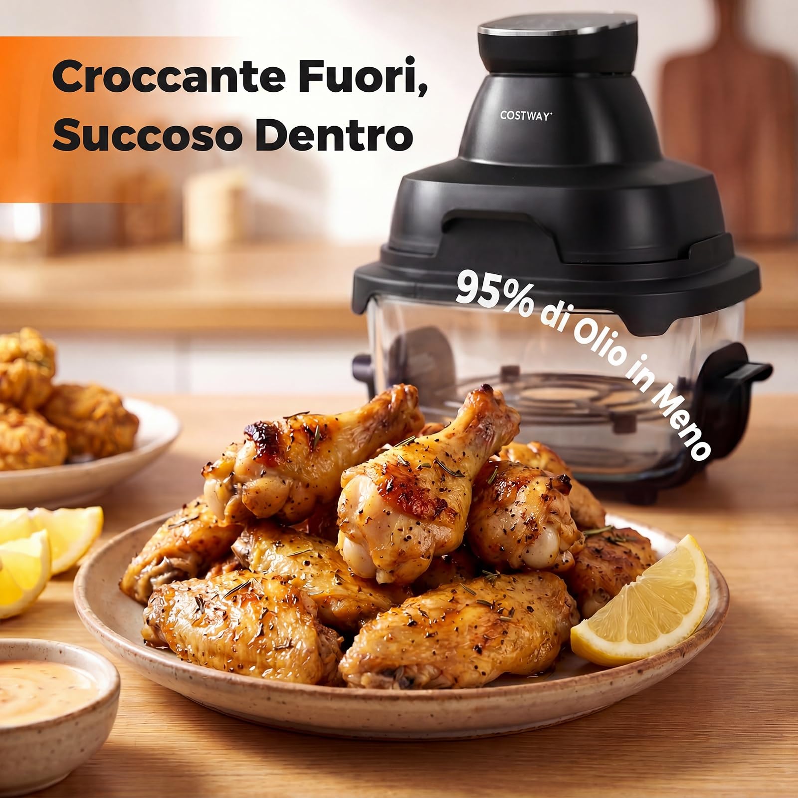 COSTWAY 4 L Friggitrice ad Aria Portatile 1500 W, Friggitrice Elettrica con 2 Griglie, 2 Contenitori Vetro con Coperchio, Forno ad Aria Calda con Display Touch, Temperatura Regolabile (Nero)
