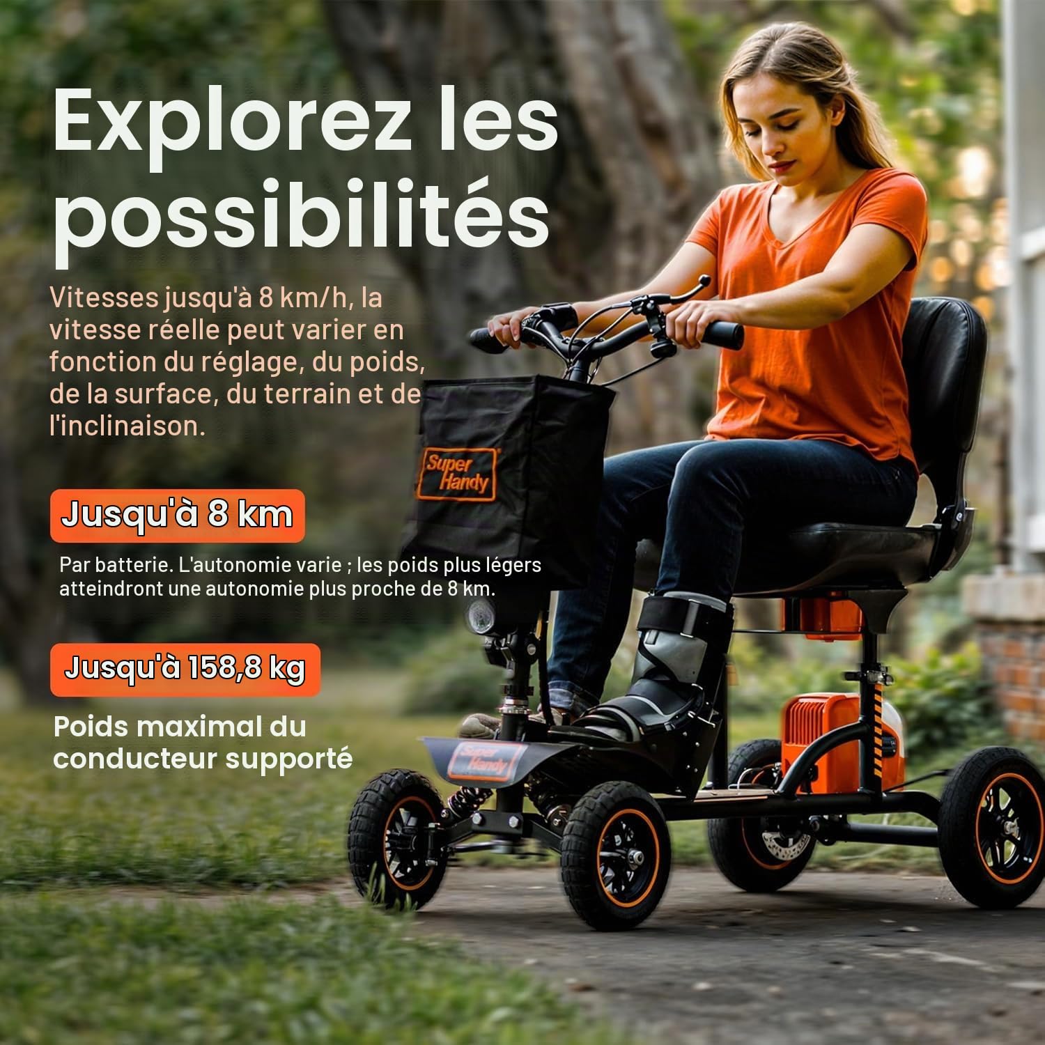 SuperHandy scooter de mobilité Explorer–4 Roues, Moteur Brushless de 500W, Batterie 48V, Capacité de 159 kg, Vitesse Maximale de 8 km/h, Cadre en Aluminium Légèrer [Brevet en attente]