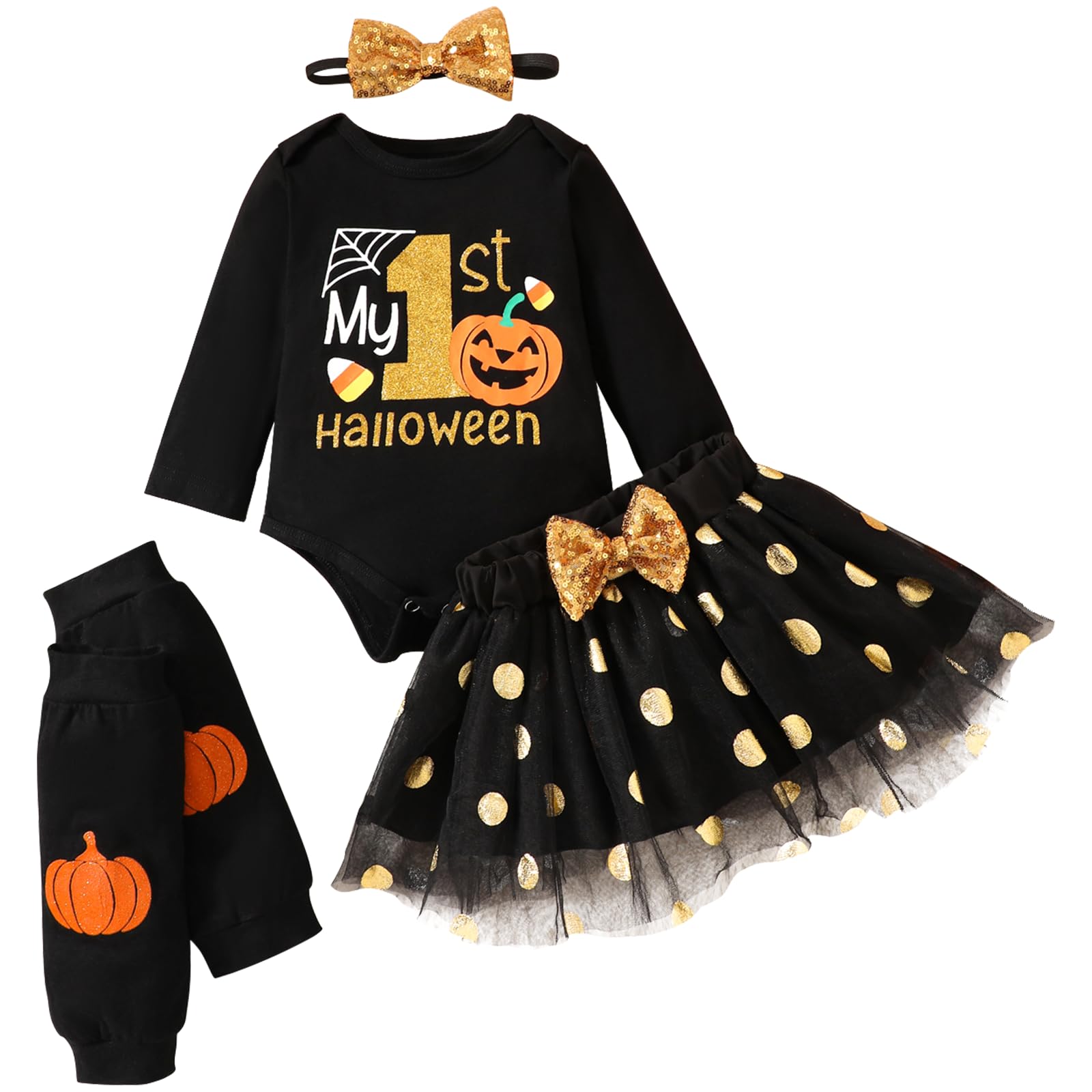 FUTERLY Vestito Halloween Neonato, Il Mio Primo Costume Halloween Neonato, Vestiti Halloween Neonata, Tutina Halloween Neonata +Gonna Tutu+Calze Lunghe+Fascia, Vestito Zucca Neonata