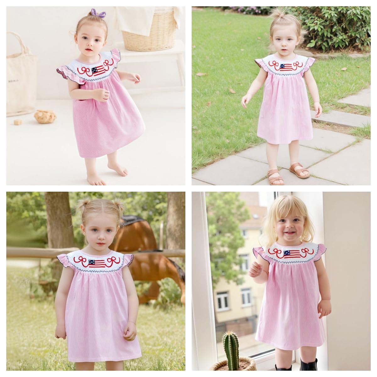 4th of July Toddler Baby Girl Outfits USA Emboridery Fly Sleeve Plaid Smocked Dresses Summer Dress Cute Summer Clothes (Pink, 12-18 Months)