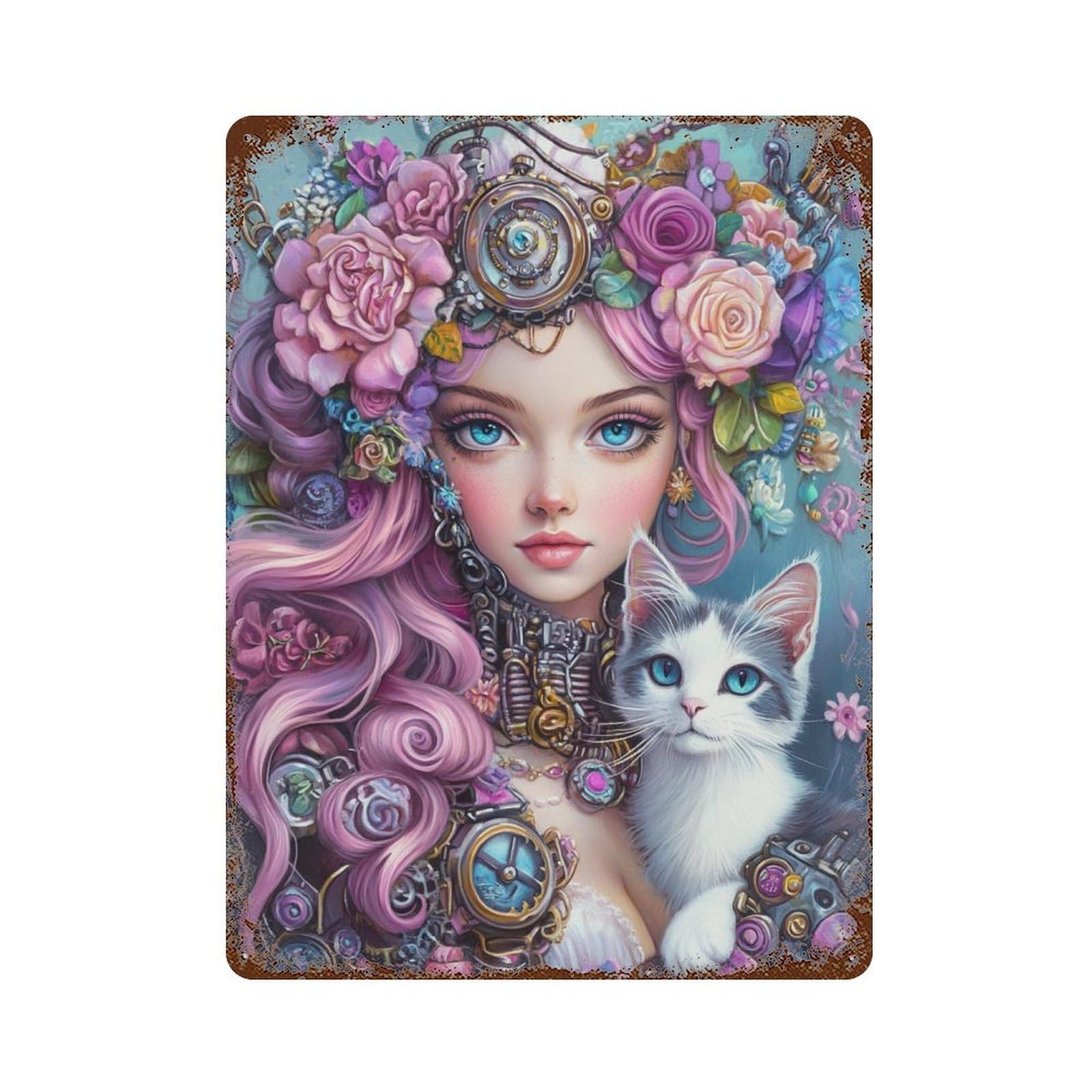 Steampunk Floral Fantasy with Cat Vintage Rust Metal Sign 15.7"x11.8", Ideal for Cafe, Home Bar And Lounge Decor