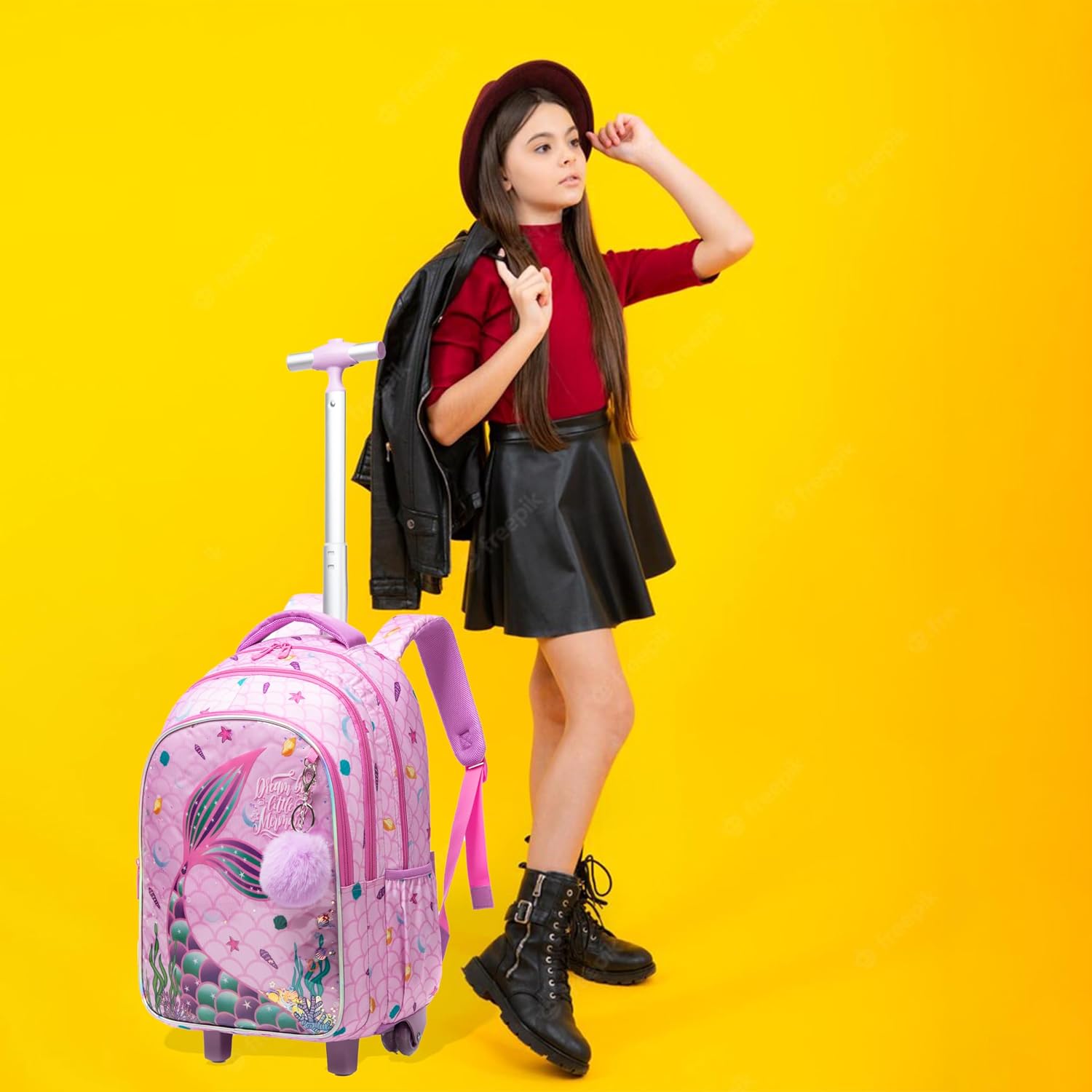 Kids Rolling Backpack for Girls Mermaid Suitcases Trolley Roller Luggage Backpacks on Wheels with Lunch Box Pencil Case for Elementary Multiple Compartment Pockets Travel School Bag Rose