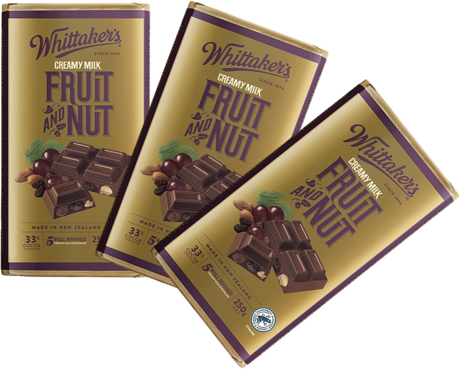 Classic Block, Crafting New Zealand’s finest chocolate since 1896, Imported from New Zealand (Pack of 3, Fruit & Nut, 33% COCOA • 5 ROLL REFINED, 250 Gram)