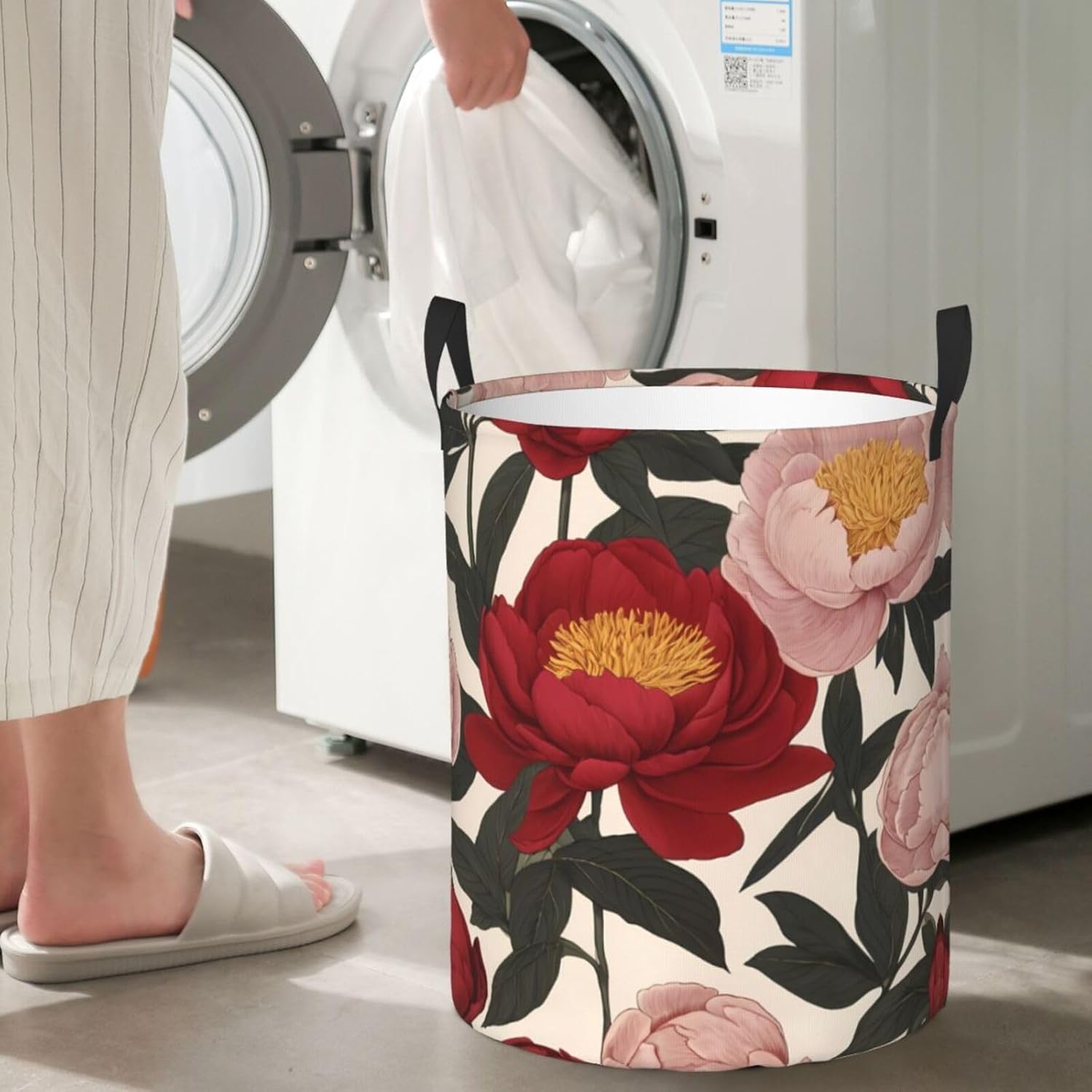 Blooming Peonies Round Single-layer Laundry Basket, Portable Storage Laundry Basket, Bedroom Clothes Storage Basket with Handle