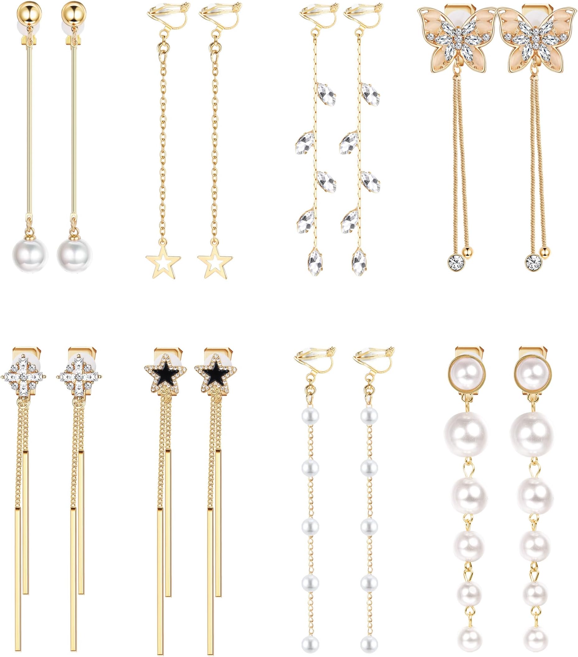 JeweBella8 Pairs Clip on Earrings for Women Girls Fashion Cross Butterfly Star Pearl Clip Dangle Earrings Set Silver/Gold Hypoallergenic Clip Long Earrings Non Pierced