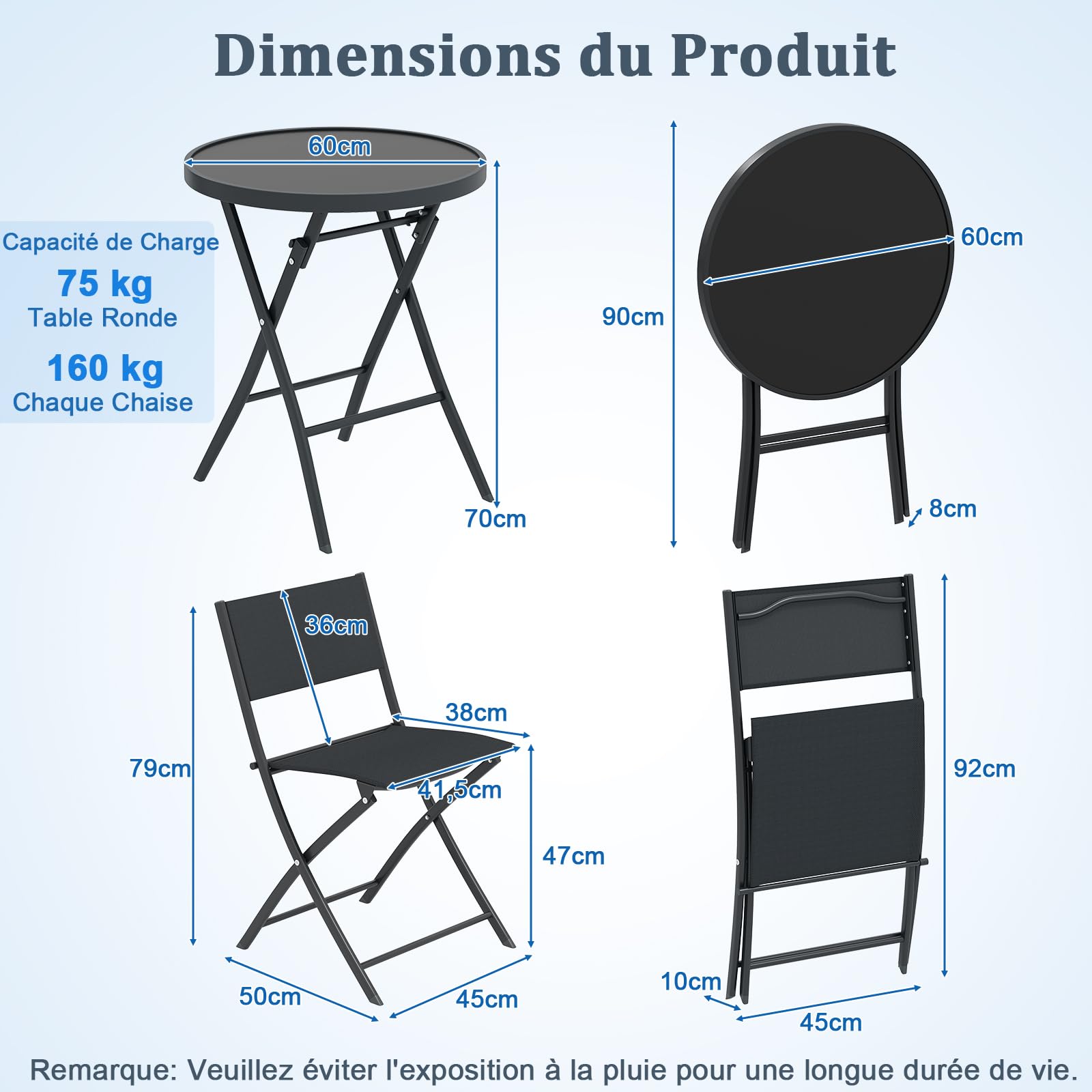 GOPLUS Salon de Jardin Exterieur 2 Personnes, Salon de Balcon Bistro avec Table en Verre Trempé et 2 Chaises, avec Cadre Métallique pour Terrasse, Jardin et Balcon (2 Personnes,Noir)