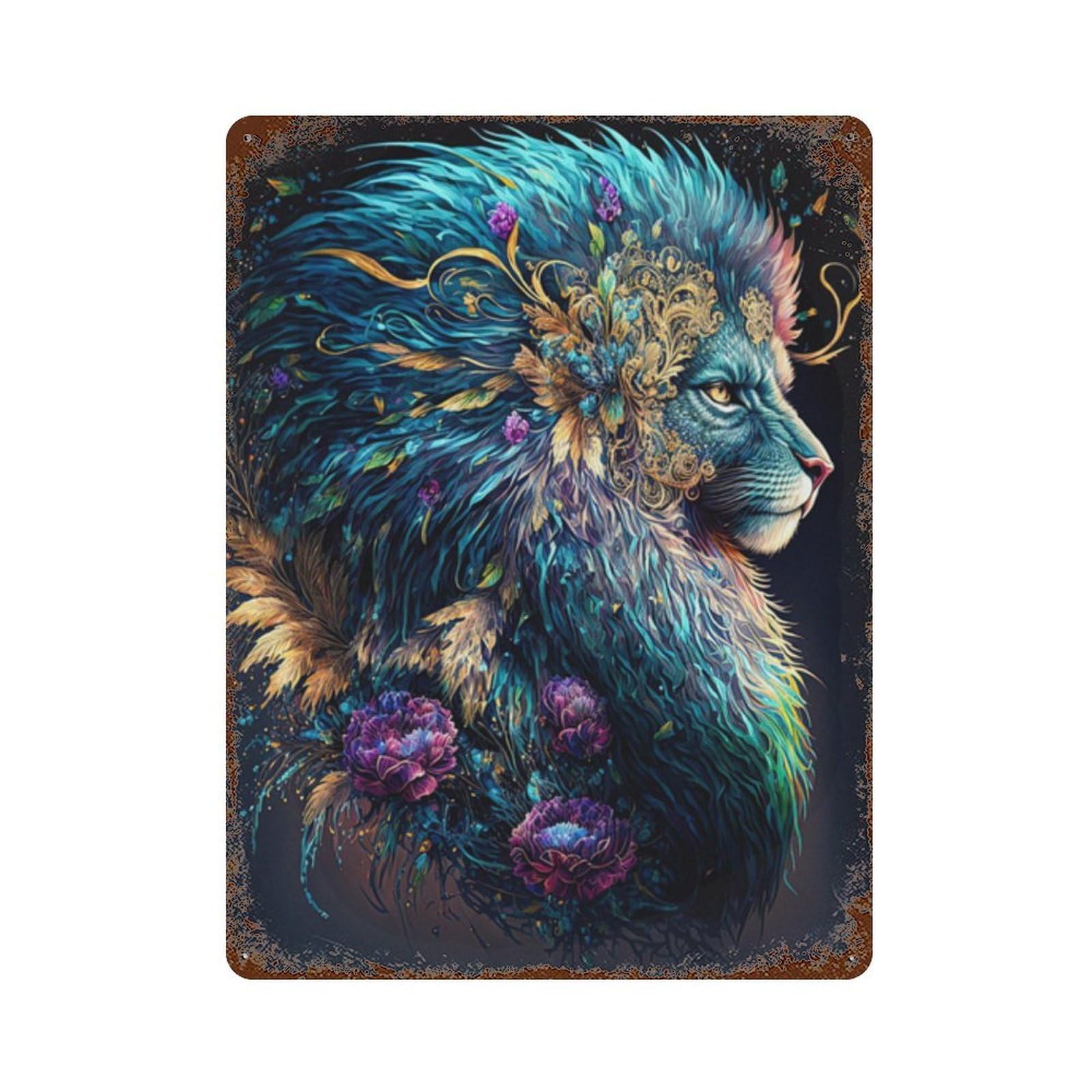 Fantasy Lion Art Print-10 Rust Effect Tin Sign 15.7"x11.8", Vintage Wall Decor for Garage, Pub Or Kitchen