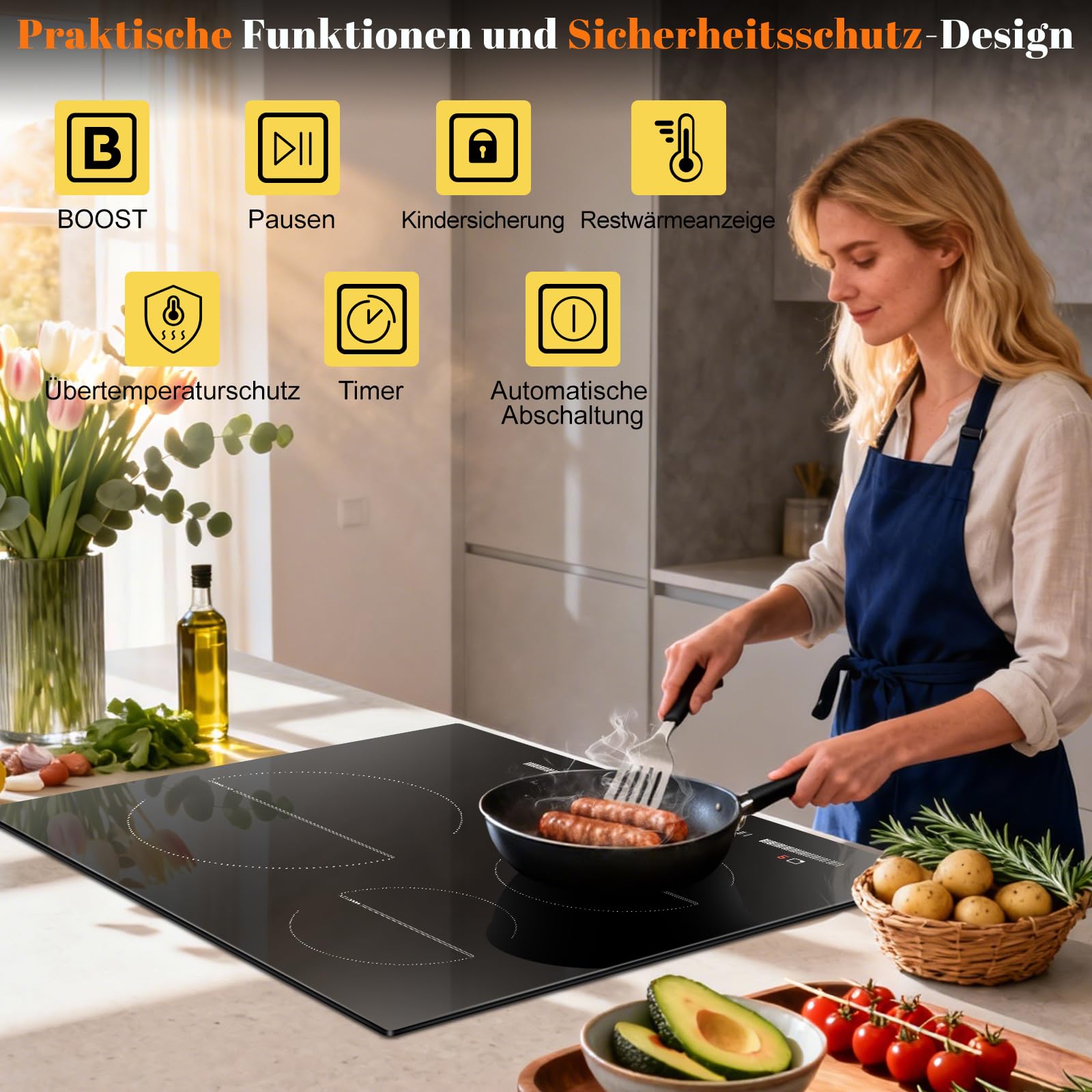 Induktionskochfeld 3 Zonen, 60 cm Einbau, 6500 W, 220-240 V Induktionsherd | 3 Platten, mit Boost-Funktion, 9-stufige Leistungsregelung, Pause, Kindersperre, Timer, Touch-Steuerung