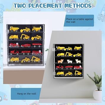 Acrylic Display Case, 30 x 26 x 5 cm Wall Cabinet for Toy Cars | Hinged door, five divided rows, black backing for contrast, dust-resistant organiser for miniatures and small collectables