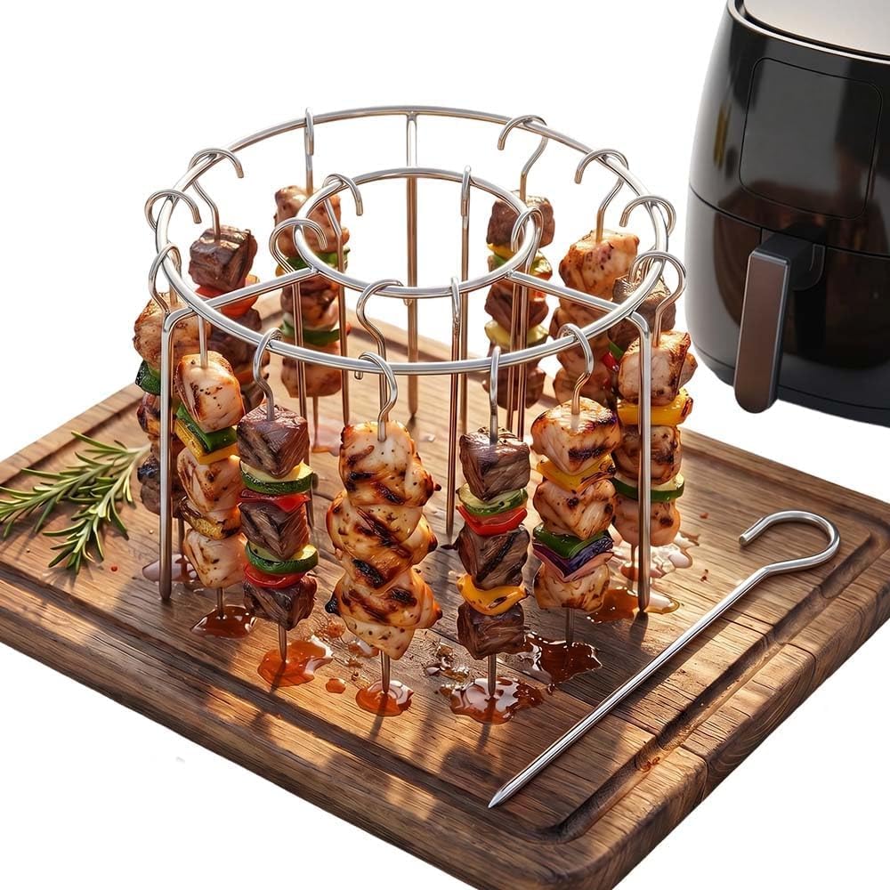 Stainless Steel Air Fryer Skewer Rack Air Fryer Vertical Grill, Stainless Steel Air Fryer Skewer Rack, Reusable Vertical Grill Holder for Kabobs, Oven Roasting Hanging Stand Accessories (12 Skewers)