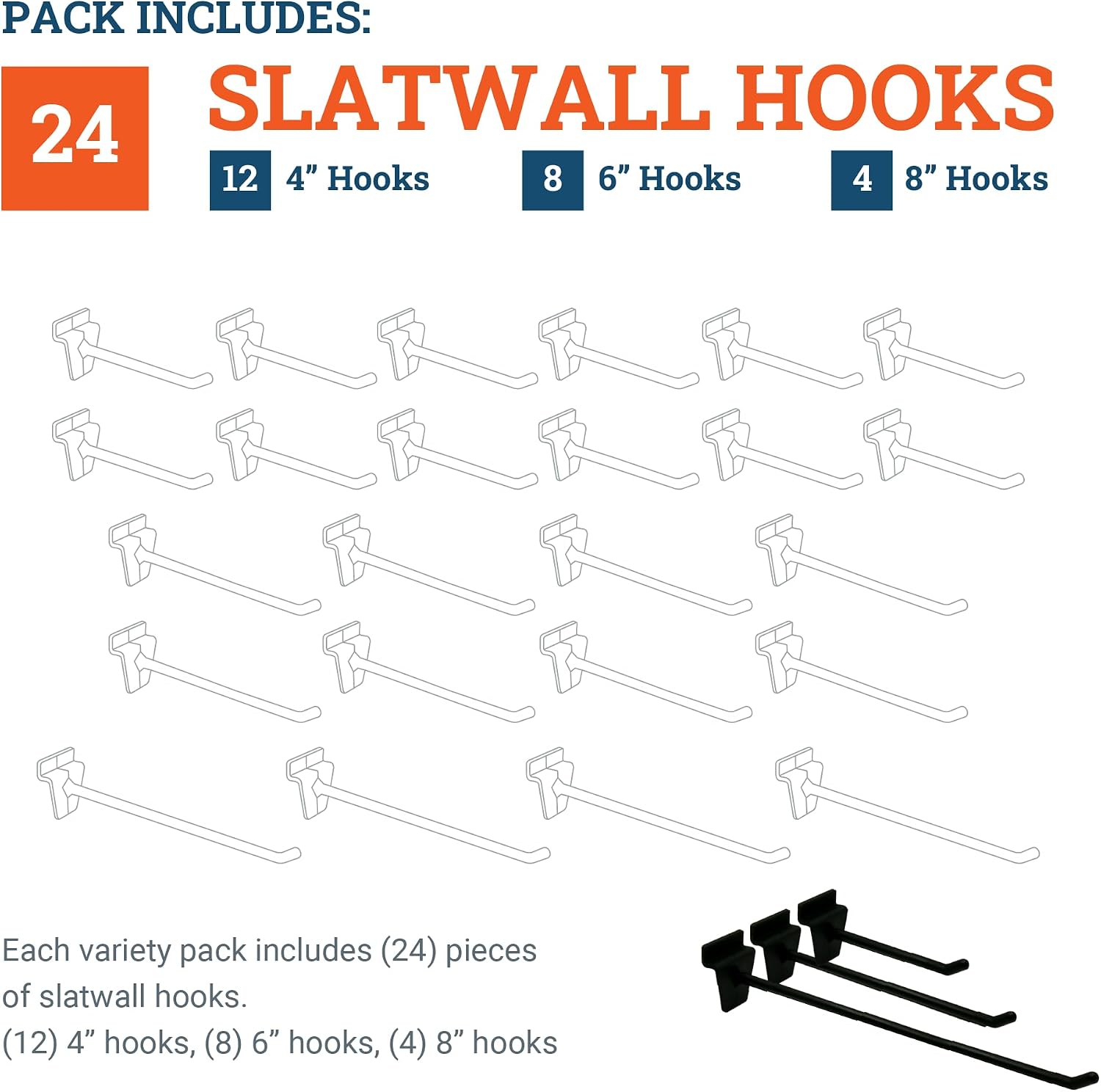 Slatwall Hooks - 24 Pack - Slatboard Hooks for Lightweight Garage Organization and Retail Store Display