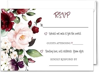 Burgundy Blossoms RSVP Cards for Wedding Invitations with Envelopes - Response Inserts for Bridal Shower, Birthday, Graduation, Anniversary - Contemporary Floral Design, 3.5x5, Pack of 25