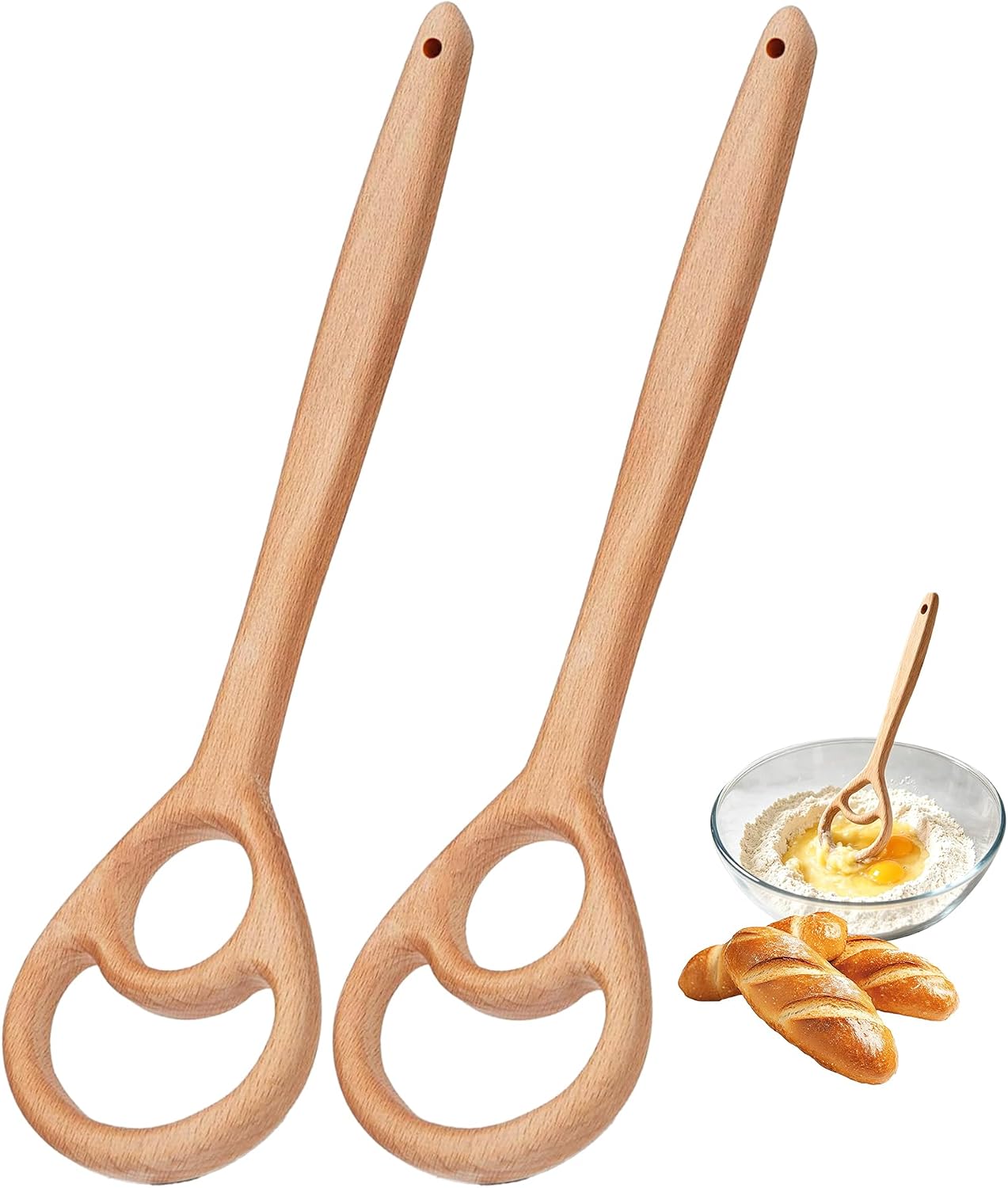 Danish Dough Whisk Set of 2 — 12.8 Inch Wooden Whisk, All-Wood One-Piece Design — Bread & Sourdough Stirring Tool, Safe for All Bowls