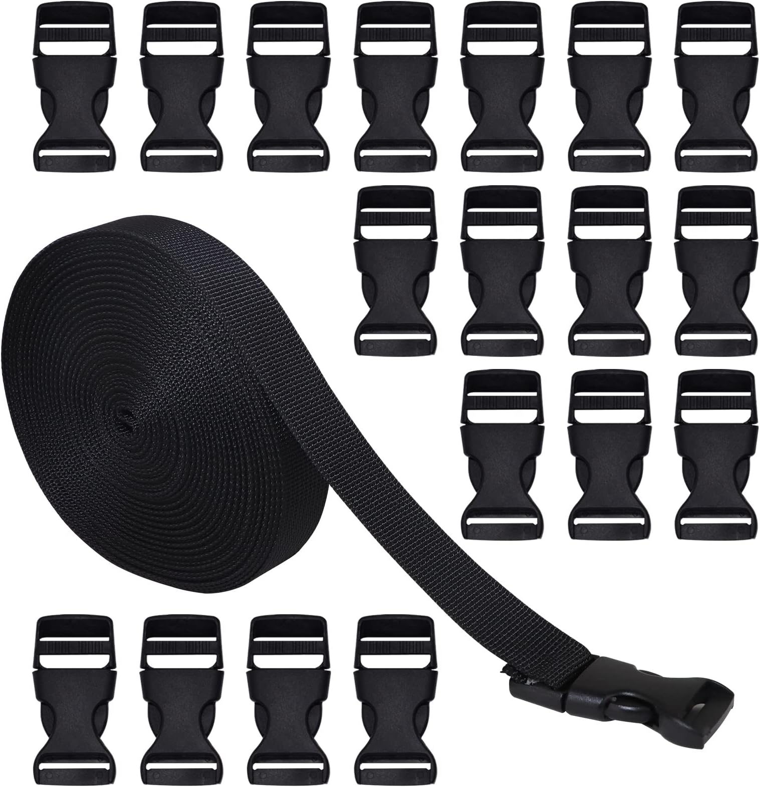 RETON 20mm Wide 10 Yards Black Nylon Webbing Strap + 20 PCS Adjustable Buckles Plastic Side Release Buckles for Repairing Backpack Pet Collar Making DIY Luggage Strap and Outdoor Supplies.