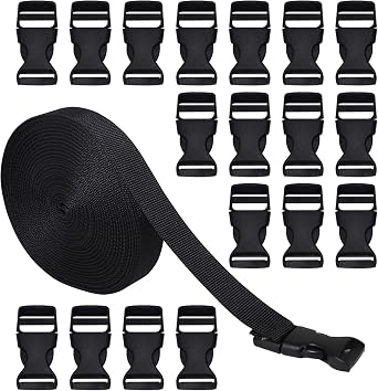 RETON 20mm Wide 10 Yards Black Nylon Webbing Strap + 20 PCS Adjustable Buckles Plastic Side Release Buckles for Repairing Backpack Pet Collar Making DIY Luggage Strap and Outdoor Supplies.