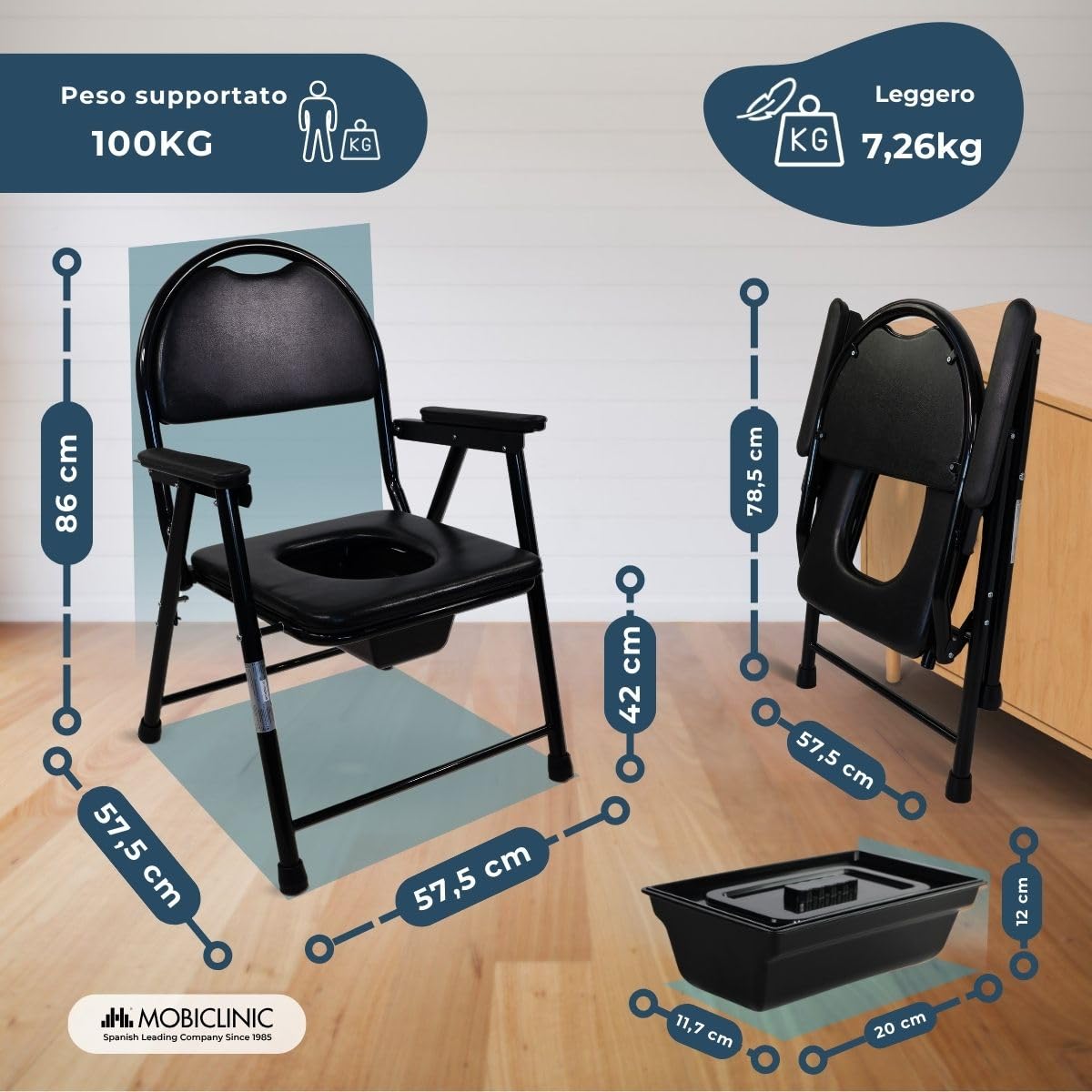 Mobiclinic®, Sedia con WC, Pieghevole, Guadalquivir, Comoda per Anziani, Marcatura CE, Braccioli, Seduta Ergonomica, Secchio Rimovibile, Piedini Antiscivolo, Nero
