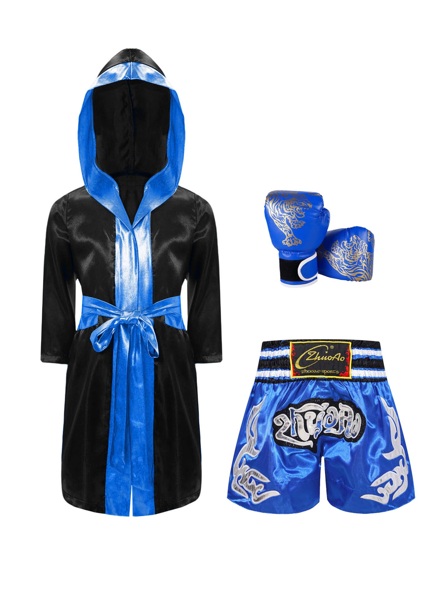 iiniim 3 szt. dziecięca odzież bokserska dla chłopców kickboxer płaszcz szata + szorty bokserskie + rękawice bokserskie dres treningowy MMA bokserki Muay Thai odzież
