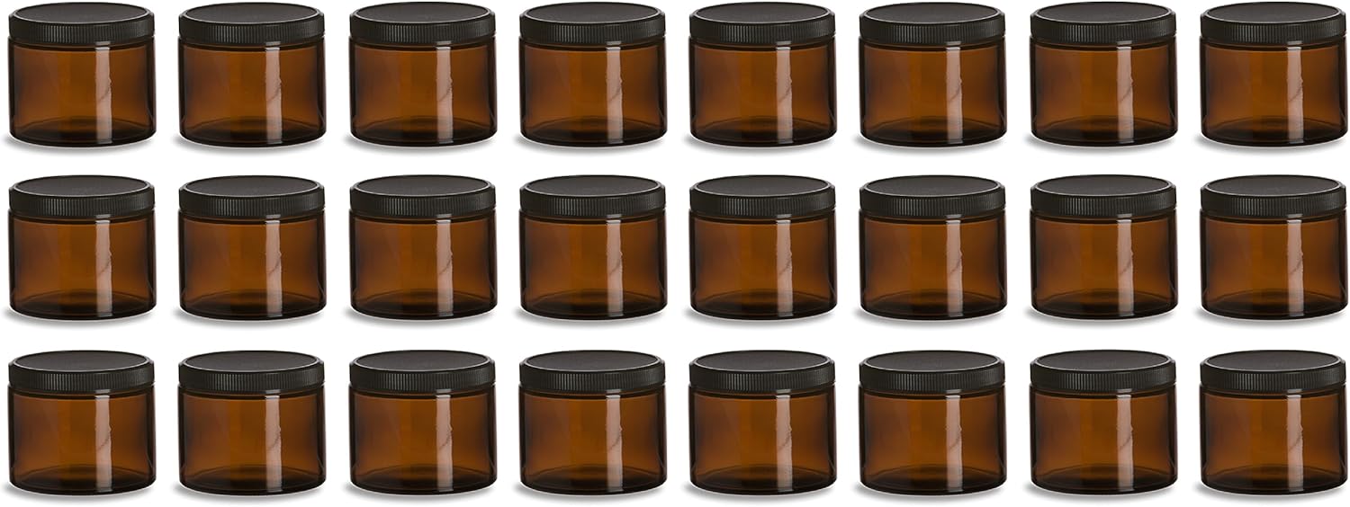 North Mountain Supply 2 Ounce Amber Glass Straight Sided Spice/Canning Jars - With 53mm Black Plastic Lids - Case of 24