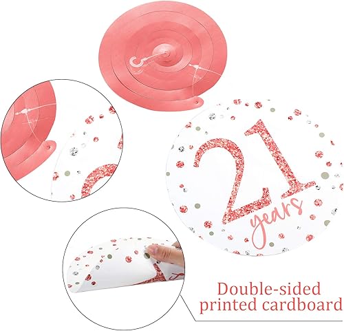 Miniatura 3 de Blulu Decoraciones de fiesta de cumpleaños número 21, pancartas de cumpleaños número 21, remolinos colgantes de oro rosa, decoraciones de techo,