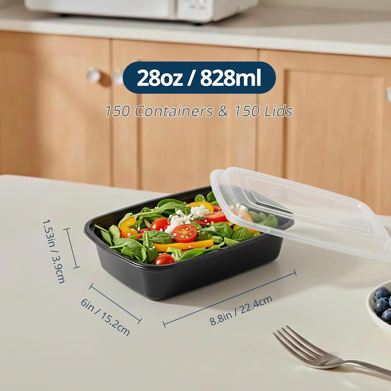 TIYA Food Containers - 28 oz Bulk 150 Pack with Lids - Rectangular Plastic To-Go Containers - Reusable, Microwavable, Dishwasher Safe - Leak-Proof for Meal Prep - BPA-Free