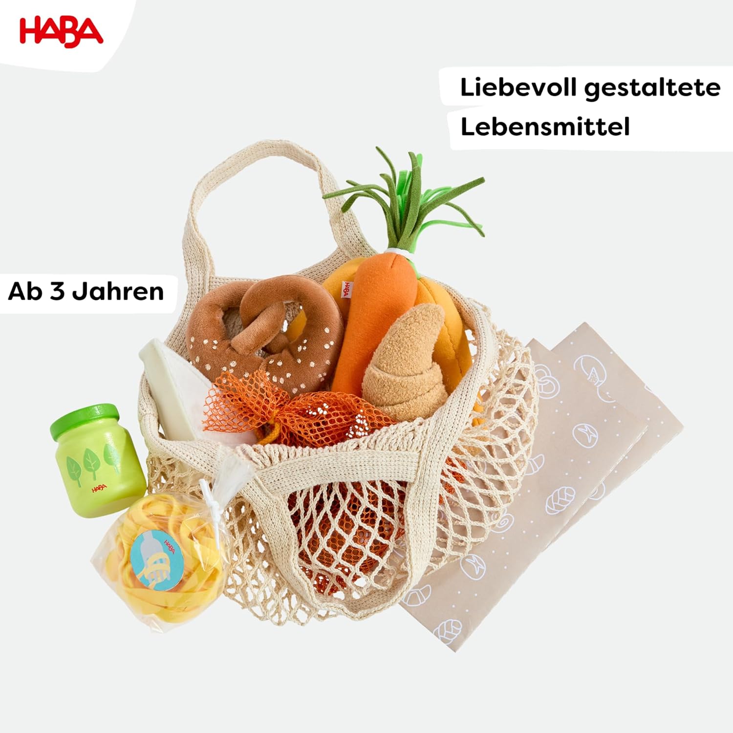 HABA Creative Play 2012304001 Toy Shopping Basket with Wooden Food and Fabric Accessories for Shop and Kitchen Play for Children from 3 Years