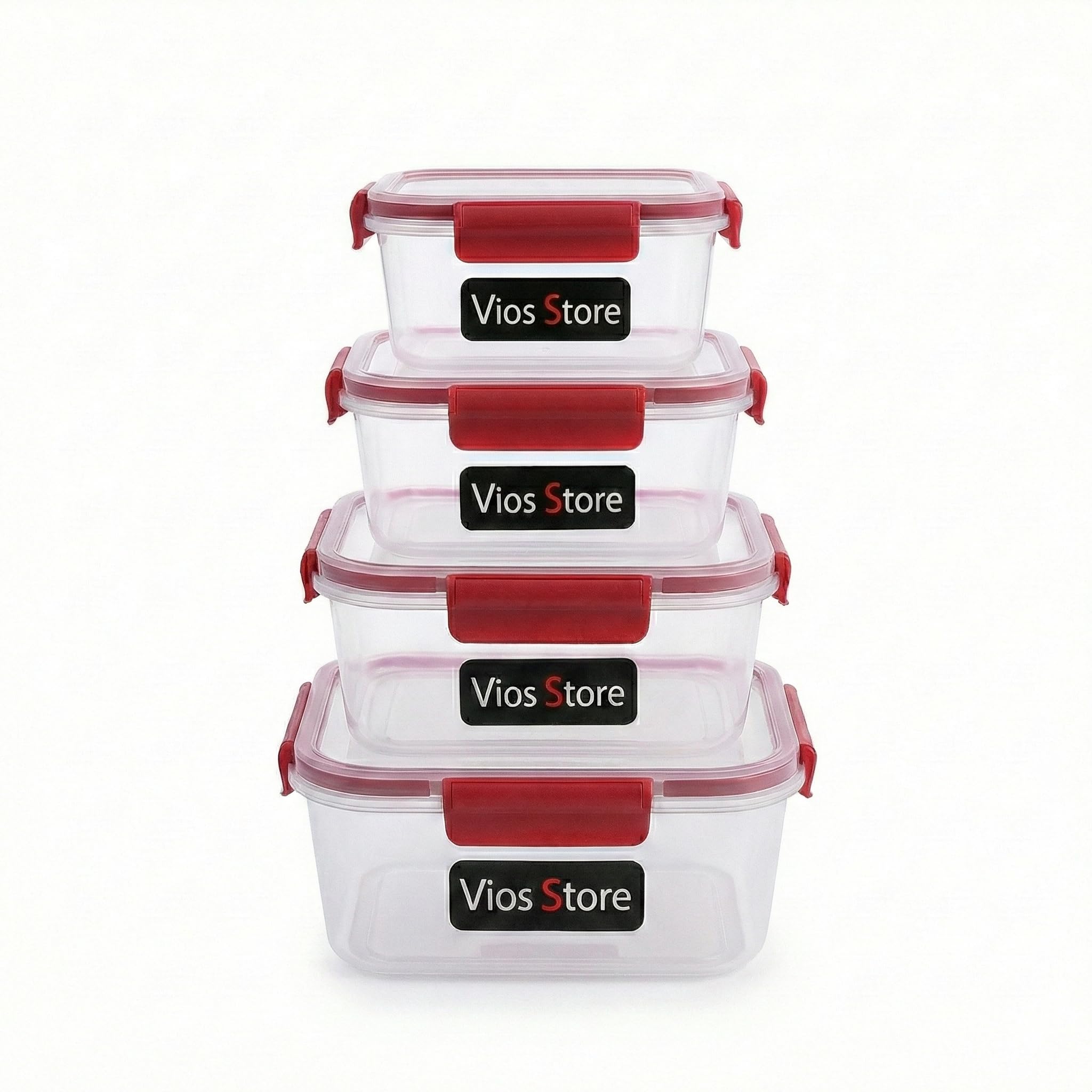 Vios Store 4’lü Kilitli Saklama Kabı Seti – Sızdırmaz Kapaklı, Farklı Boy ve Renklerde, BPA İçermez, Plastik Gıda Saklama Kutusu (2150 ml- 1300 ml - 700 ml - 300 ml) (Kırmızı)