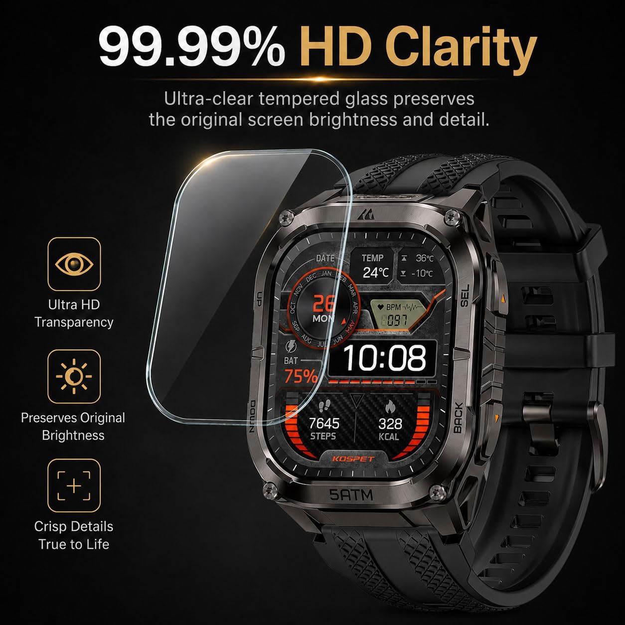 [4-Pack] Tempered Glass Screen Protector Compatible with KOSPET Tank M4C / M4, Waterproof 9H Hard Screen Protectors Cover for KOSPET Tank M4C / M4 Smart Watch image 3