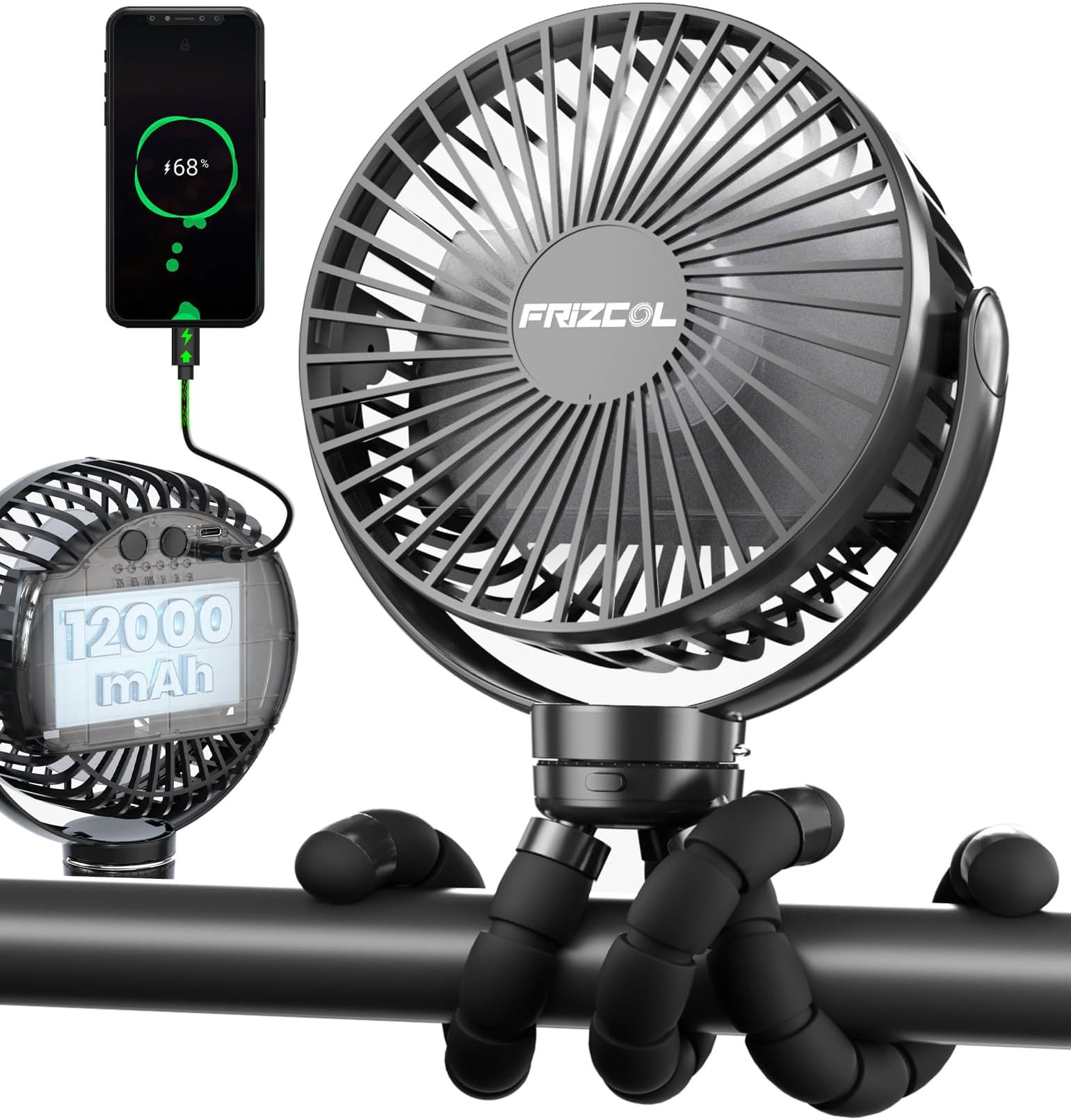 FRIZCOLPortable Stroller Fan, Use As Power Bank, 65H 12000mAh Battery Operated Fan Flexible Tripod Baby Car Seat Fans with Timming, Personal Mini Handheld/Desk/Small Clip On Fans For Stroller