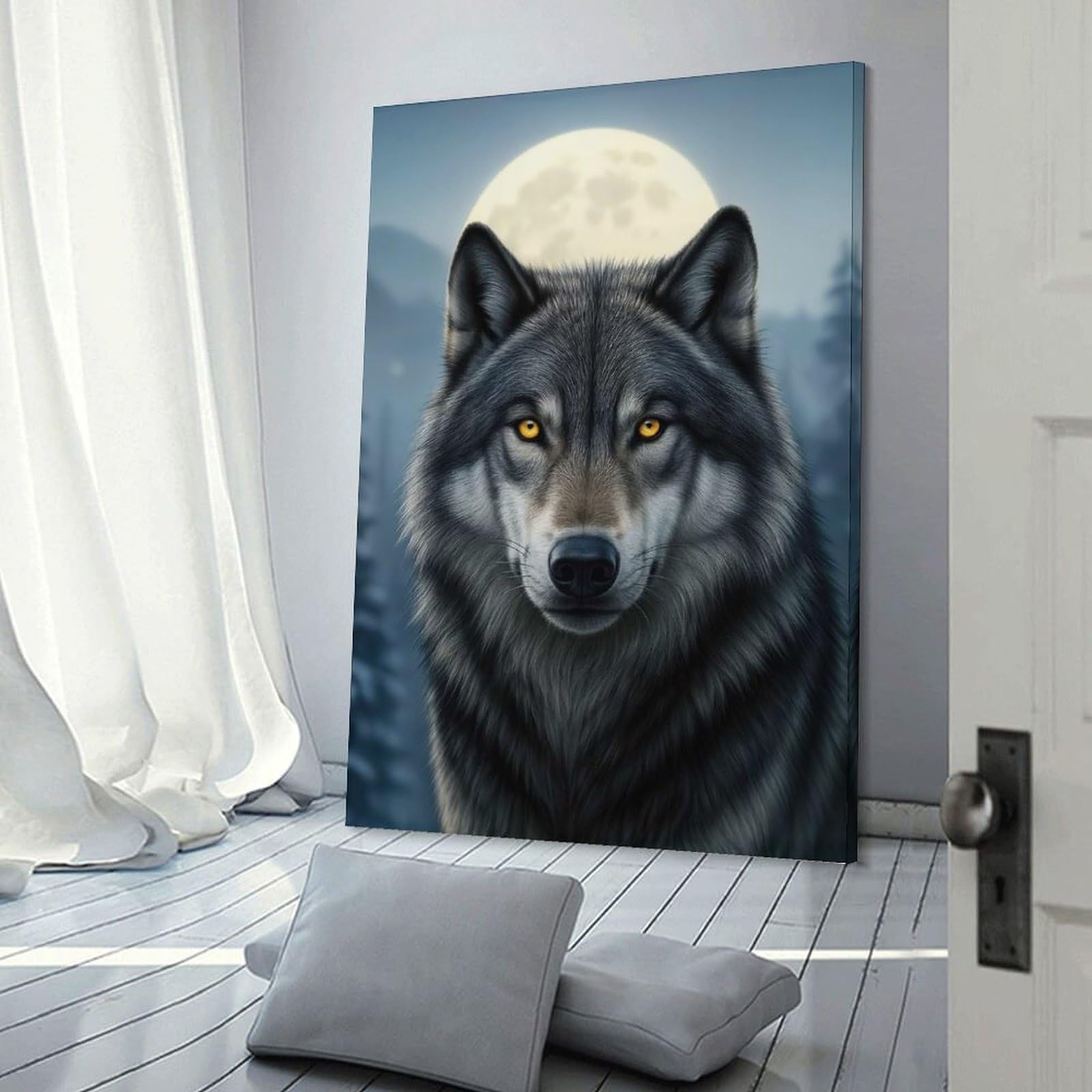 Junmoney Wolf Portrait Under Moonlight Room Decor Wall Art, 20x30inch(50x75cm), for Home Office, Desk Area Or Studio, An Interior Accent for Desk Areas