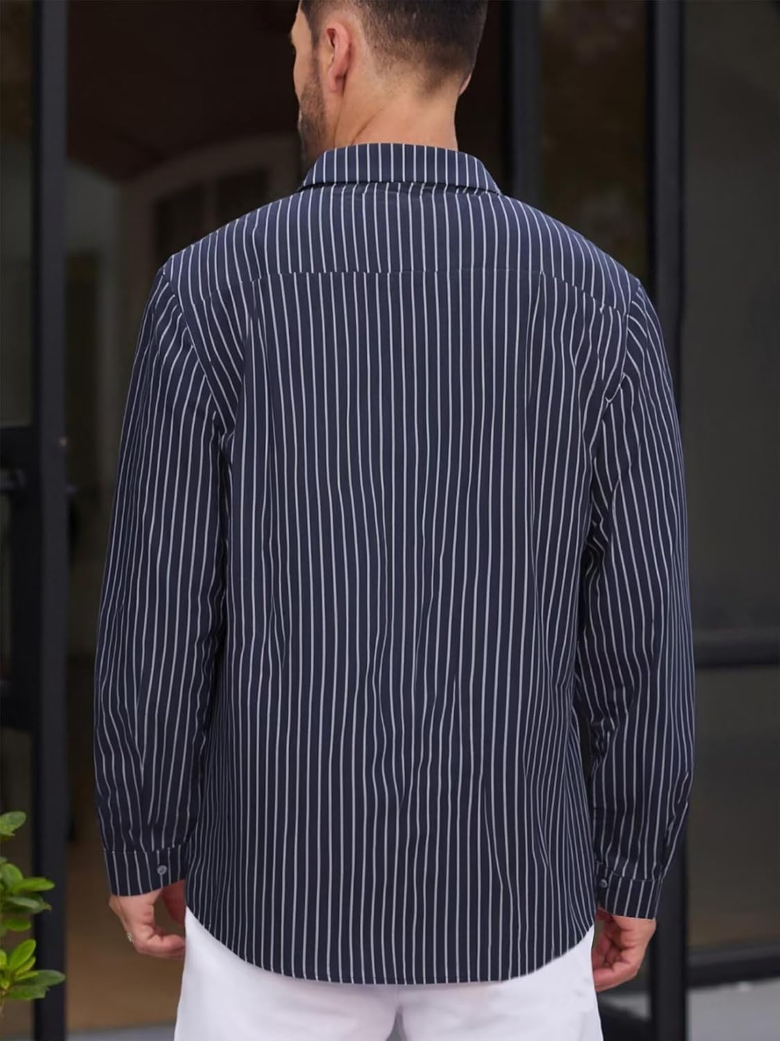 BAYAMO Men's Banded Collar Stripe Shirt, Linen Cotton Mandarin Collar Long Sleeve Button Down Shirts Collarless Tops - Image 3